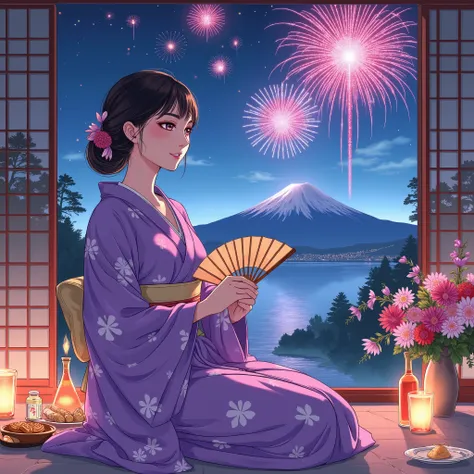 illustrations、Anime、Fireworks at night、Fireworks at night、beautiful 35 year old woman is sitting、 purple kimono with floral pattern 、Japanese Women、Japanese-style room、pine tree、meters. Fuji、 Beautiful flowers in a vase 々 、Japanese fan、 woman has big bre...