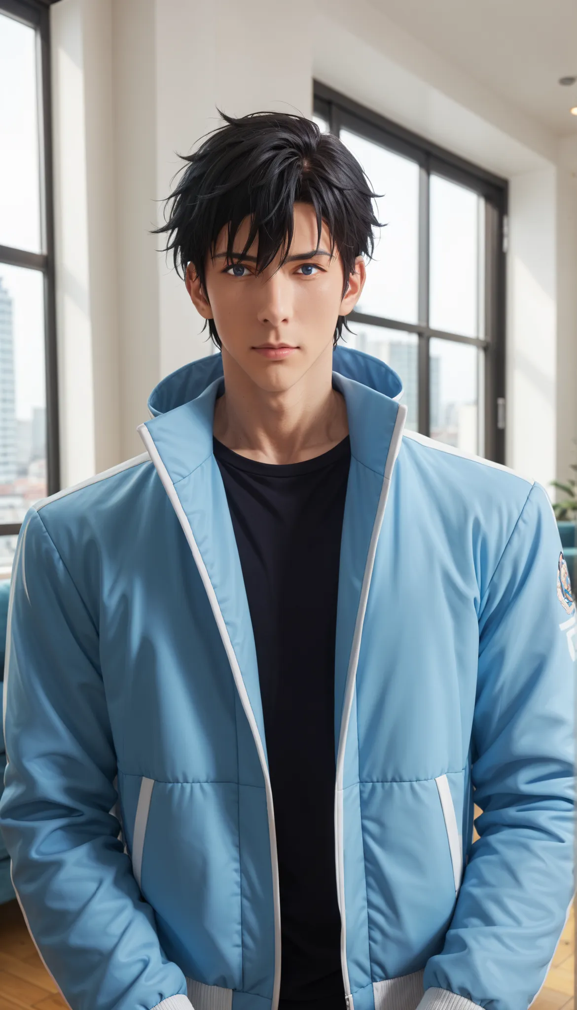 score_9, score_8_up, score_7_up, 1boy, male focus, source_anime,  sungjinwoo, black hair, blue eyes, pectorals, jacket, open jacket, indoors, solo, looking at viewer, best quality, amazing quality, best aesthetic, absurdres, year 2023   