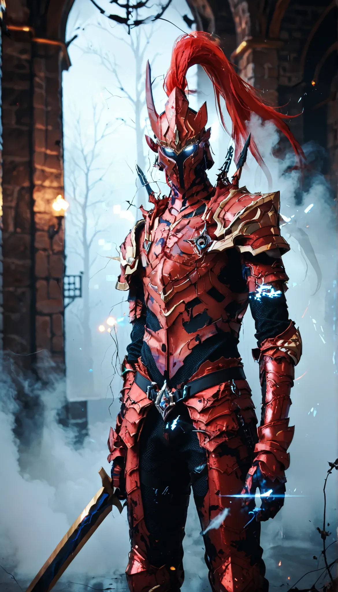 score_9, score_8_up, score_7_up, source_anime, sketch,score_6, holding sword, glitch, standing, lights,blurred background, (fog:1.2),blood,dungeon, solo ,1boy,  blood_igris, glowing, white eyes, helmet, armor, dungeon, 