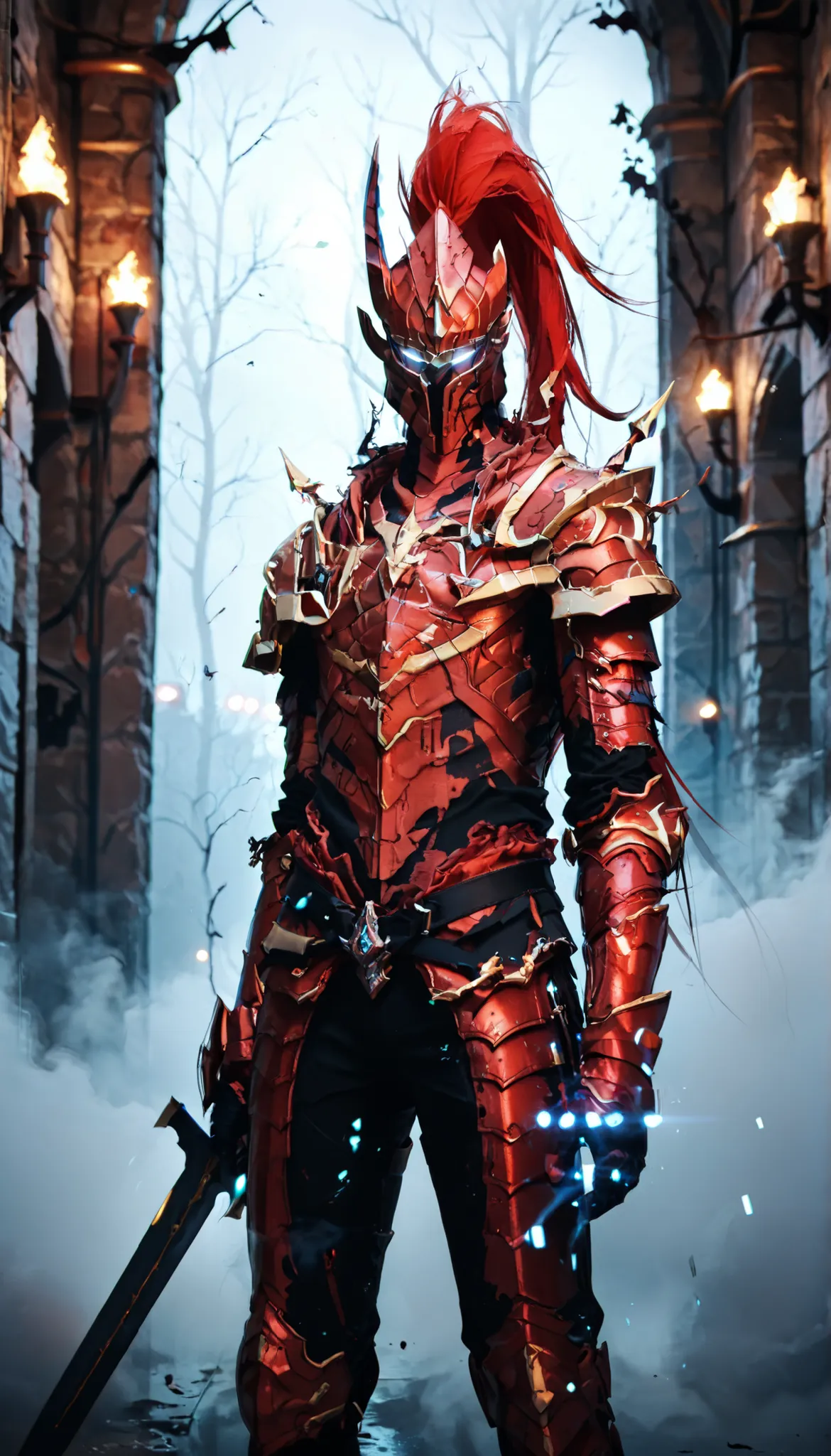 score_9, score_8_up, score_7_up, source_anime, sketch,score_6, holding sword, glitch, standing, lights,blurred background, (fog:1.2),blood,dungeon, solo ,1boy,  blood_igris, glowing, white eyes, helmet, armor, dungeon, 