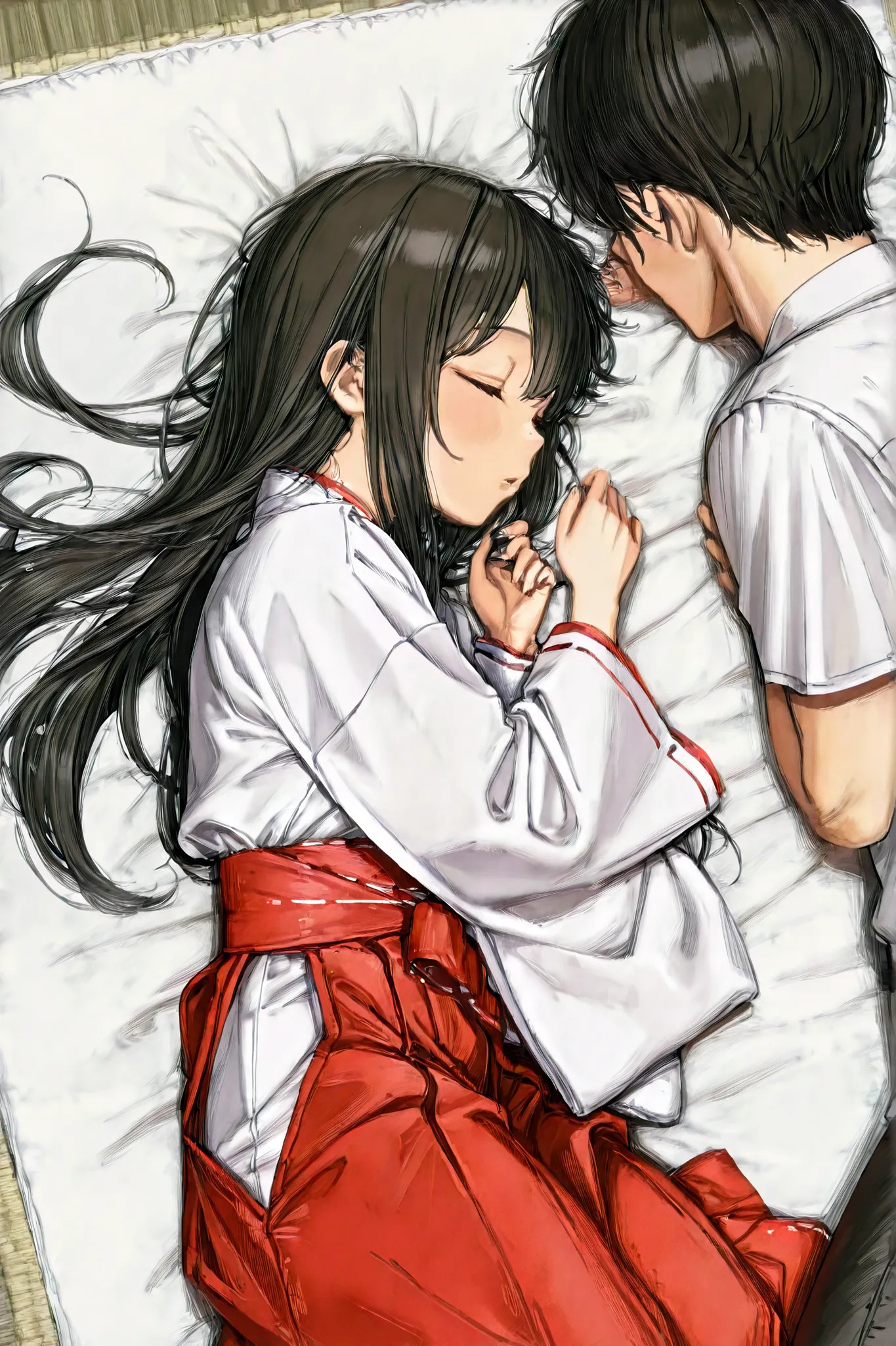 red hakama,miko,jyojifuku,detailed,high resolution,A woman dressed as a shrine maiden、long black hair、The woman's hair is tied with a white barrette、make your whole body visible、Roll up the hakama、girl, man and girl are lying down, male kiss girl, girl is ...