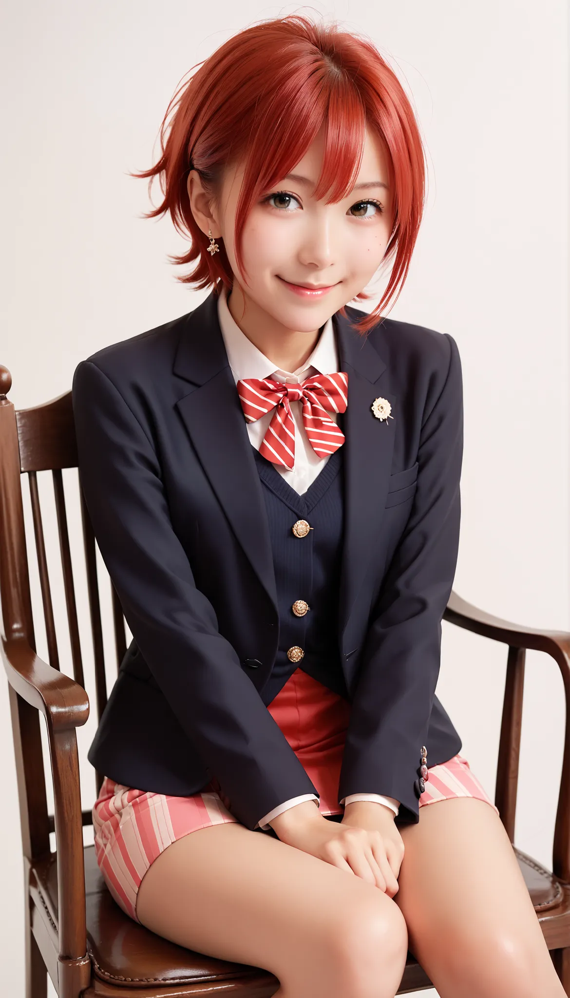 masterpiece, top quality, cute, The face of a Japanese woman in her 20s, Red hair, short hair, Hair bounces, blazer after face, Mini Skirt, smile, chair