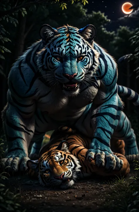top quality、8k、Highly Detailed CG、blue tiger、Night Forest、moonlight, high-quality, eclipse, Blue tiger with scar, scar on blue tiger face, blue tiger body full of claw wounds, blue tiger stepped on its prey, showing a terrifying expression, super realistic...
