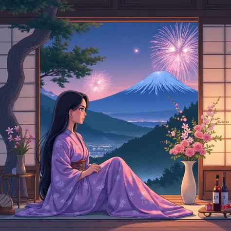 illustrations、Anime、Fireworks at night、Fireworks at night、beautiful 35 year old woman is sitting、 purple kimono with floral pattern 、Japanese Women、Japanese-style room、pine tree、meters. Fuji、 Beautiful flowers in a vase 々 、Japanese fan、 woman has big bre...