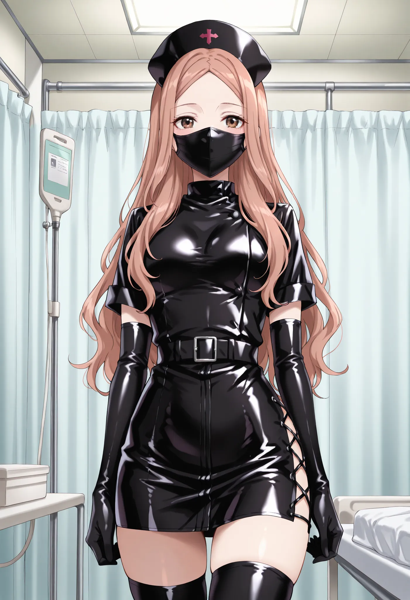 Score_9, score_8_up, score_7_up, source_anime, KJOrune, solo, peach hair, dark brown eyes, long hair, wavy hair, parted bangs, enamel leather dark nurse, latex dress, black latex elbow gloves, black latex legwear, latex, latex skirt, (best quality), (high ...