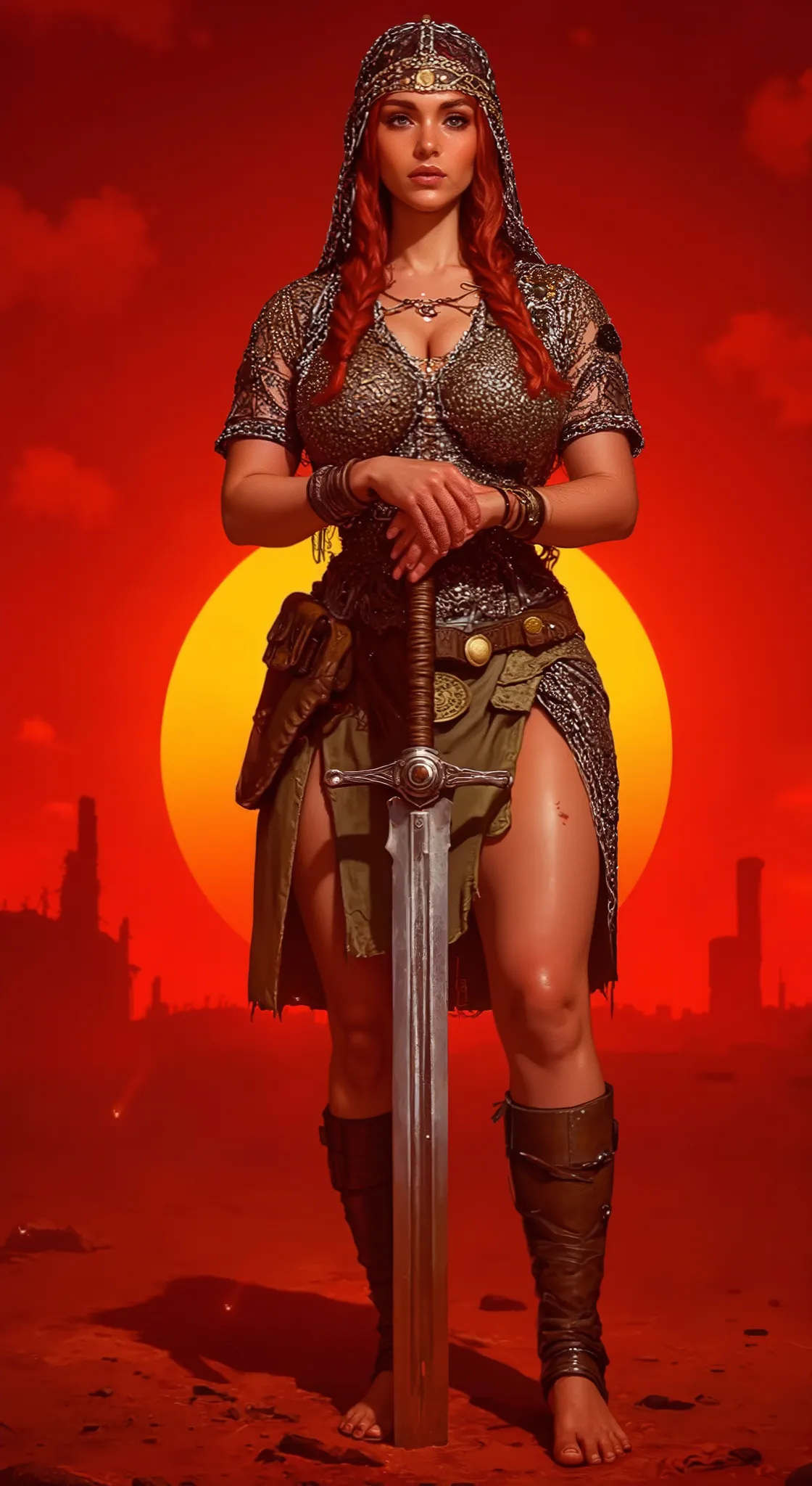 Frank Frazetta style ,"Create a dark fantasy artwork featuring a beautiful Caucasian female warrior queen with long, wild hair and wearing an ornate crown. She is wearing a large chainmail shirt on her upper body that falls loosely over her cleavage and la...
