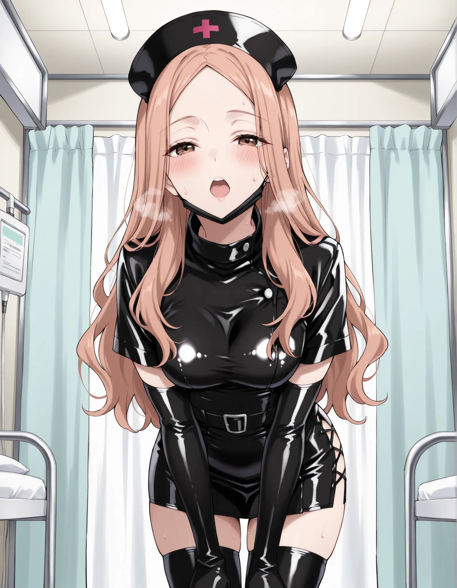Score_9, score_8_up, score_7_up, source_anime, KJOrune, solo, peach hair, dark brown eyes, long hair, wavy hair, parted bangs, enamel leather dark nurse, latex dress, black latex elbow gloves, black latex legwear, latex, latex skirt, (best quality), (high ...