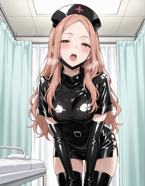 Score_9, score_8_up, score_7_up, source_anime, KJOrune, solo, peach hair, dark brown eyes, long hair, wavy hair, parted bangs, enamel leather dark nurse, latex dress, black latex elbow gloves, black latex legwear, latex, latex skirt, (best quality), (high ...