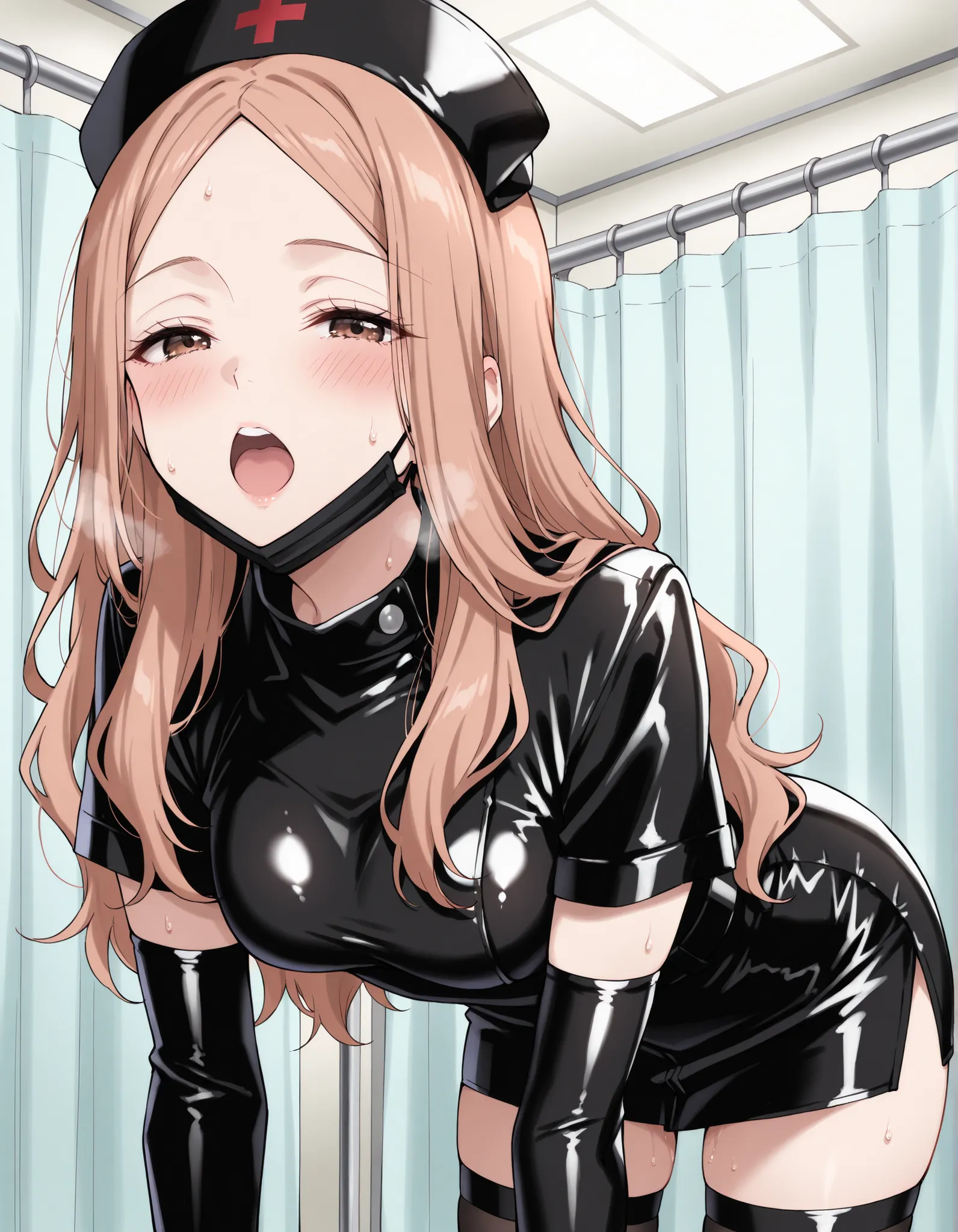 Score_9, score_8_up, score_7_up, source_anime, KJOrune, solo, peach hair, dark brown eyes, long hair, wavy hair, parted bangs, enamel leather dark nurse, latex dress, black latex elbow gloves, black latex legwear, latex, latex skirt, (best quality), (high ...