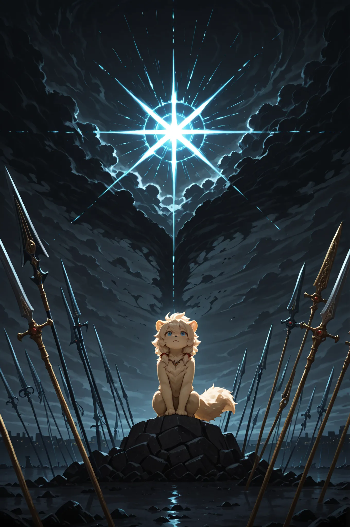 fur texture、Wild Souls、Tribal Glory、fluffy hair、realistic fantasy。In the center of the composition is a shining golden fur warrior holding a large spear、protects a frightened little child。Dark stormy sky、The sun is peeking through the dark clouds。You can s...