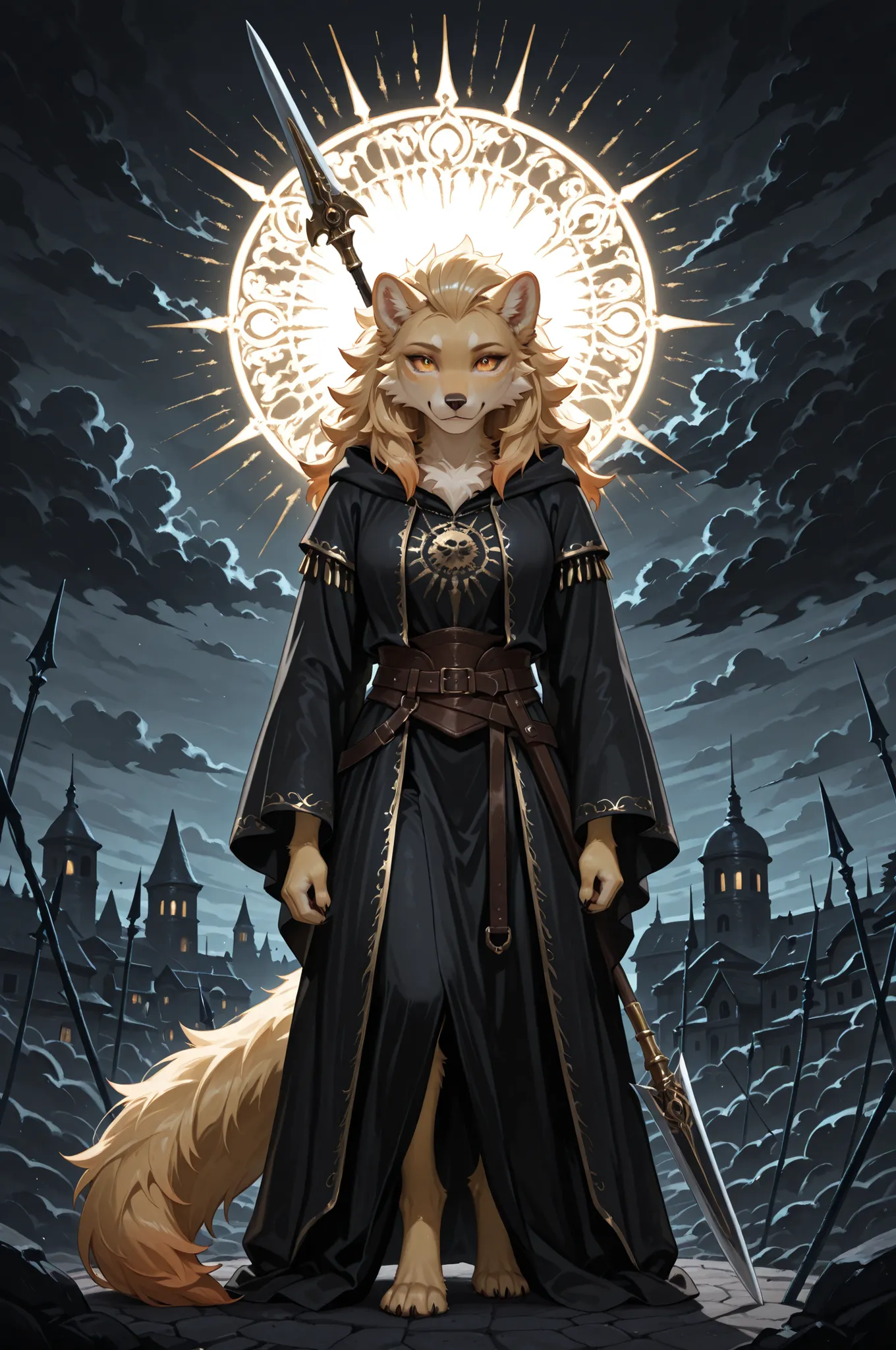 fur texture、Wild Souls、Tribal Glory、fluffy hair、realistic fantasy。In the center of the composition is a shining golden fur warrior holding a large spear、protects a frightened little child。Dark stormy sky、The sun is peeking through the dark clouds。You can s...