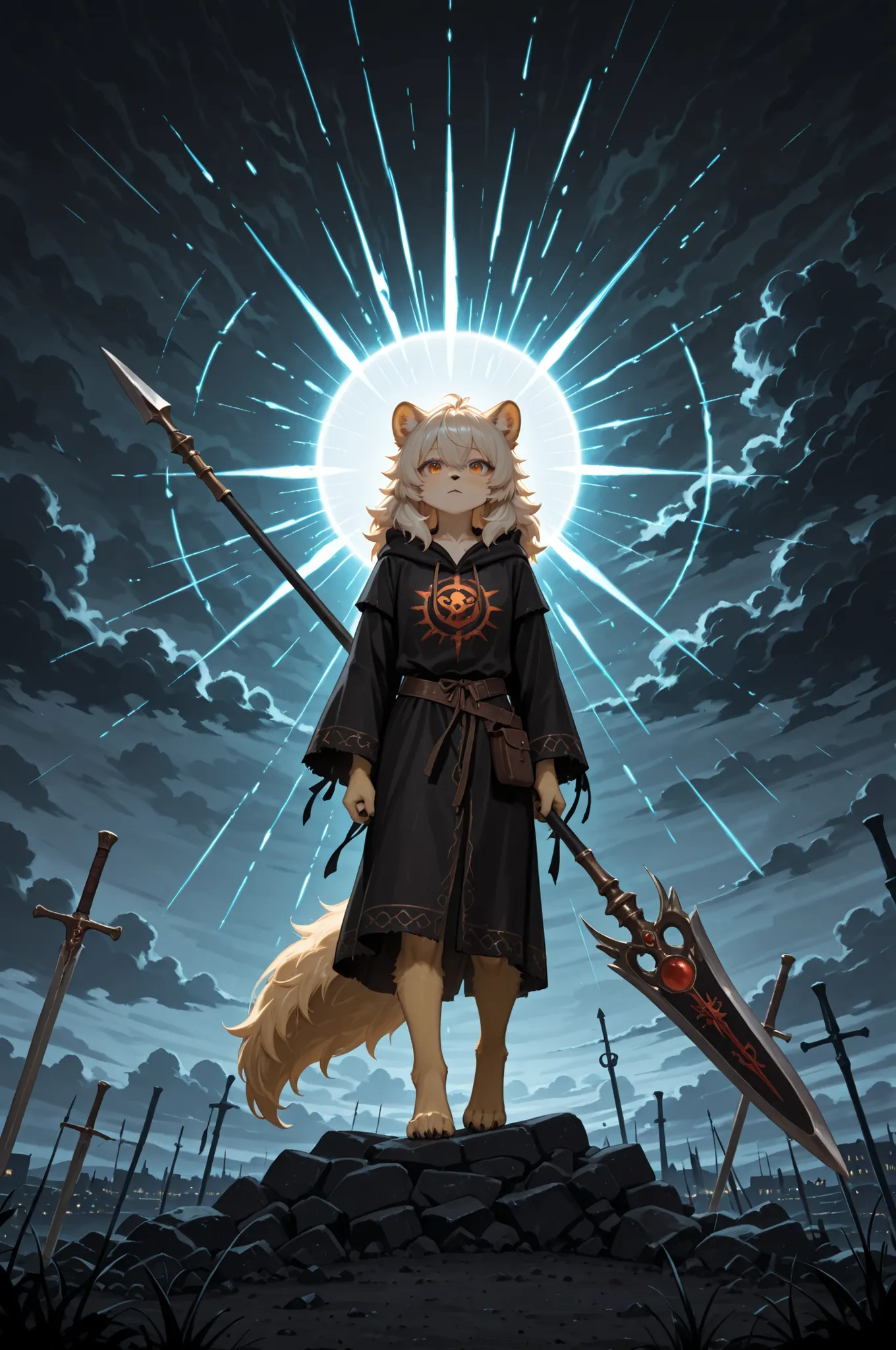 fur texture、Wild Souls、Tribal Glory、fluffy hair、realistic fantasy。In the center of the composition is a shining golden fur warrior holding a large spear、protects a frightened little child。Dark stormy sky、The sun is peeking through the dark clouds。You can s...