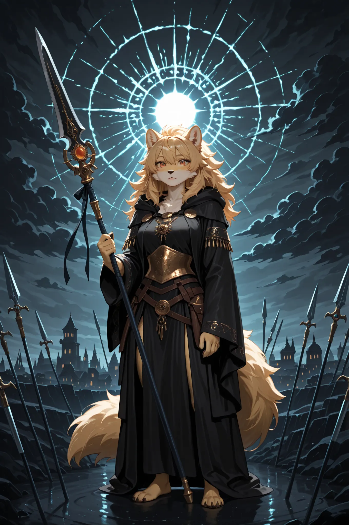 fur texture、Wild Souls、Tribal Glory、fluffy hair、realistic fantasy。In the center of the composition is a shining golden fur warrior holding a large spear、protects a frightened little child。Dark stormy sky、The sun is peeking through the dark clouds。You can s...