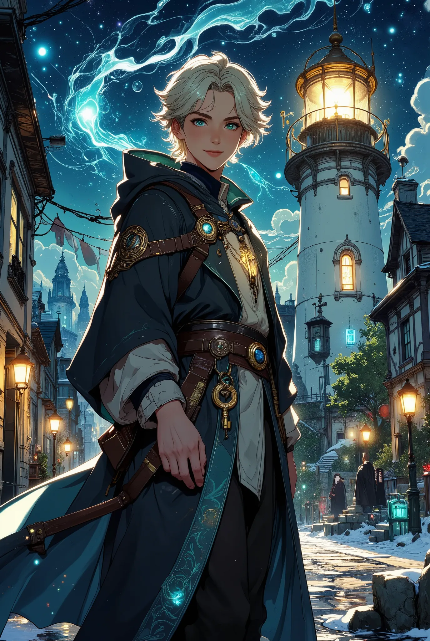 Estilo anime, elegant superhero, At night, a handsome man boy,20 anos, dressed as a cleric magician, mas refinado, tecido refinado, cabelo branco, looking ahead with a serene and mysterious smile,  details on the chest a small golden key ornamented with a ...