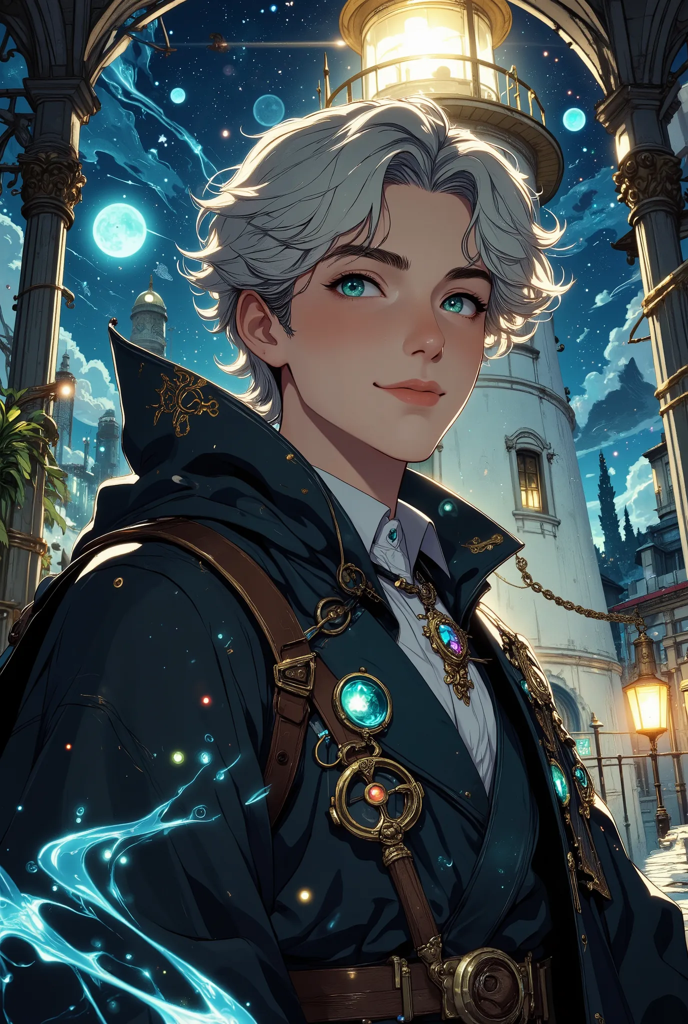 Estilo anime, elegant superhero, At night, a handsome man boy,20 anos, dressed as a cleric magician, mas refinado, tecido refinado, cabelo branco, looking ahead with a serene and mysterious smile,  details on the chest a small golden key ornamented with a ...