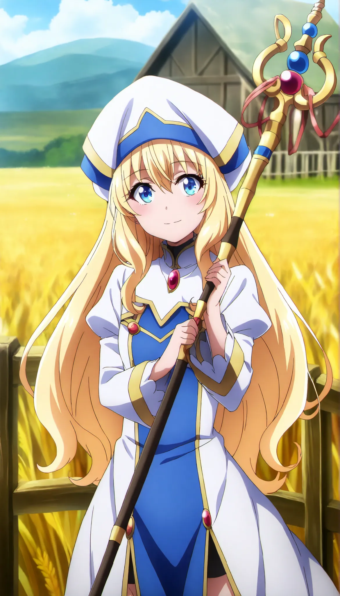 anime screencap, masterpiece, best quality,

1girl, solo, closed mouth, light smile, blush,
long hair, hair between eyes, blonde hair, blue eyes,
multicolored headwear, multicolored dress, white dress, blue dress, red brooch, juliet sleeves,
holding staff,...