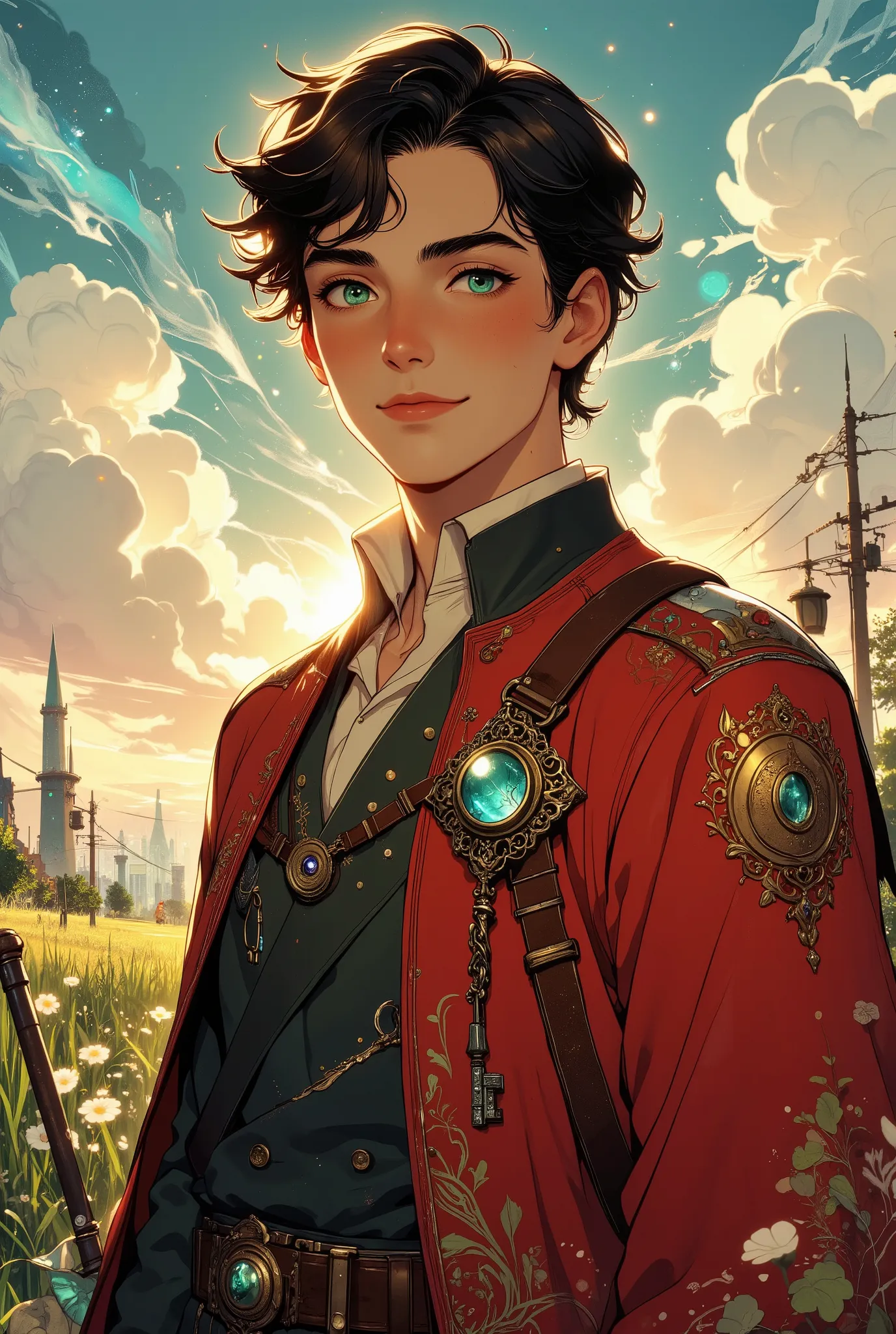 Estilo anime, elegant superhero, the afternoon, a handsome man boy, dressed as a magic red wizard, tecido refinado, cabelo castanho, looking ahead with a serene and mysterious smile,  on his chest a small silver key adorned with a gemstone embedded in the ...