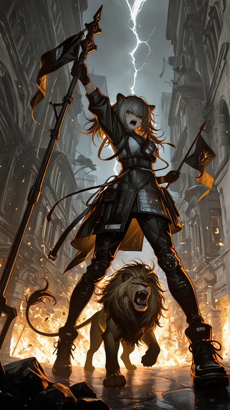 Vina Victoria_Arknights , The girl is holding a sword and waving a flag , A lion follows a girl , looking back , open mouth , angry , dynamic pose , 
break , 
( ambient occlusion:0.9 ) , masterpiece , best quality , ultra-detailed , high resolution , extremely detailed CG , unity 8k wallpaper , super detailed skin , perfect anatomy , detailed beautiful face and eyes , highres , chiaroscuro , highly detailed background , elaborately designed clothes , dramatic lighting ,full body , from below , cinematic angle , 