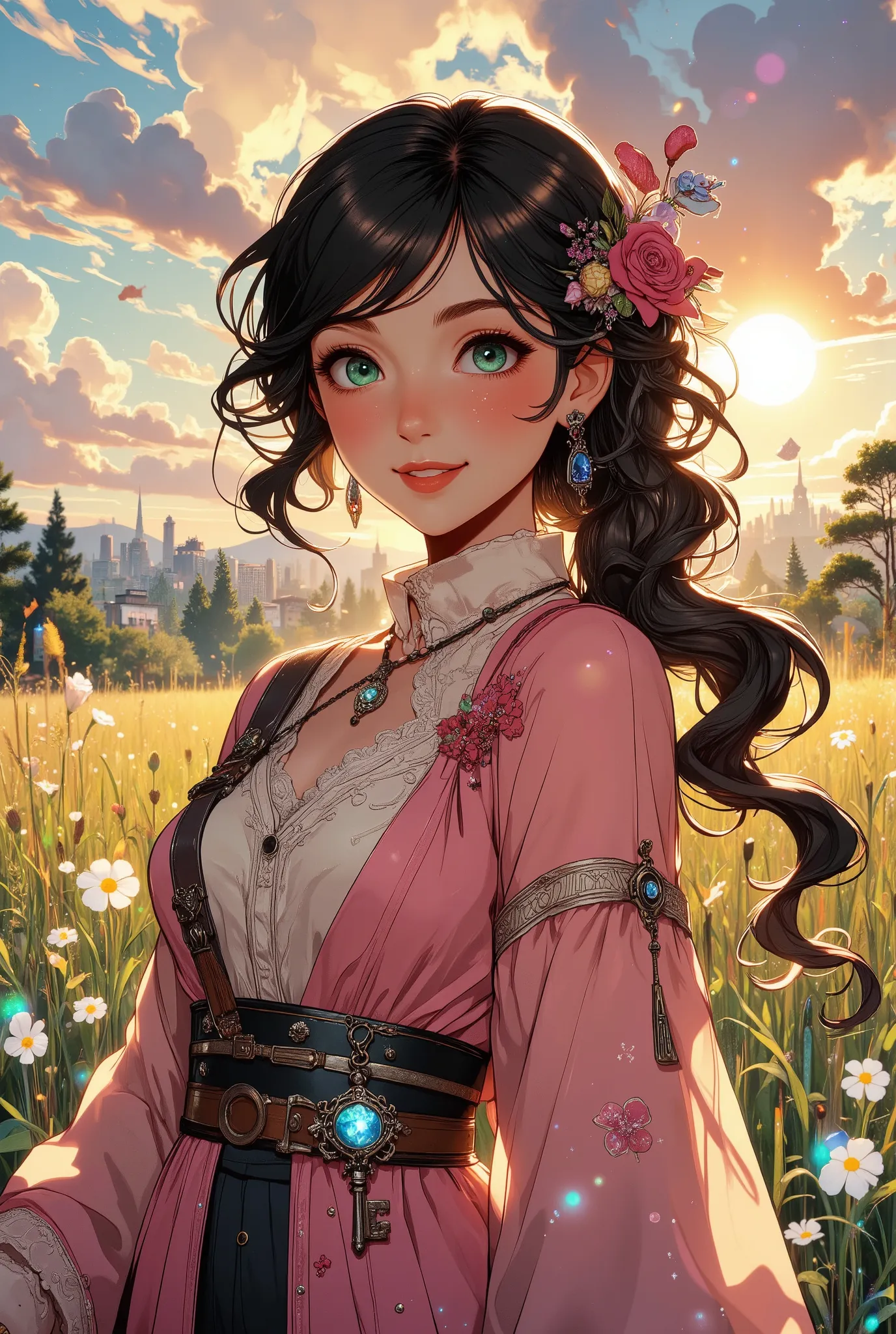 Estilo anime, elegant superhero, the afternoon, a handsome girl, dressed as a magic pink wizard, tecido refinado, cabelo loiro acinzentado, looking ahead with a serene and mysterious smile,  on his chest a small silver key adorned with a gemstone embedded ...