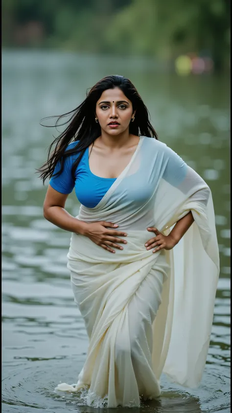 a beautiful  malayali house wife, chubby cheeks, wet hair, wet bidy, emerges from a river after bathing, her long dark hair wet, wearing a white  saree and blue blouse  that clings to her curvaceous figure, serene expression on her face, photorealistic, hi...