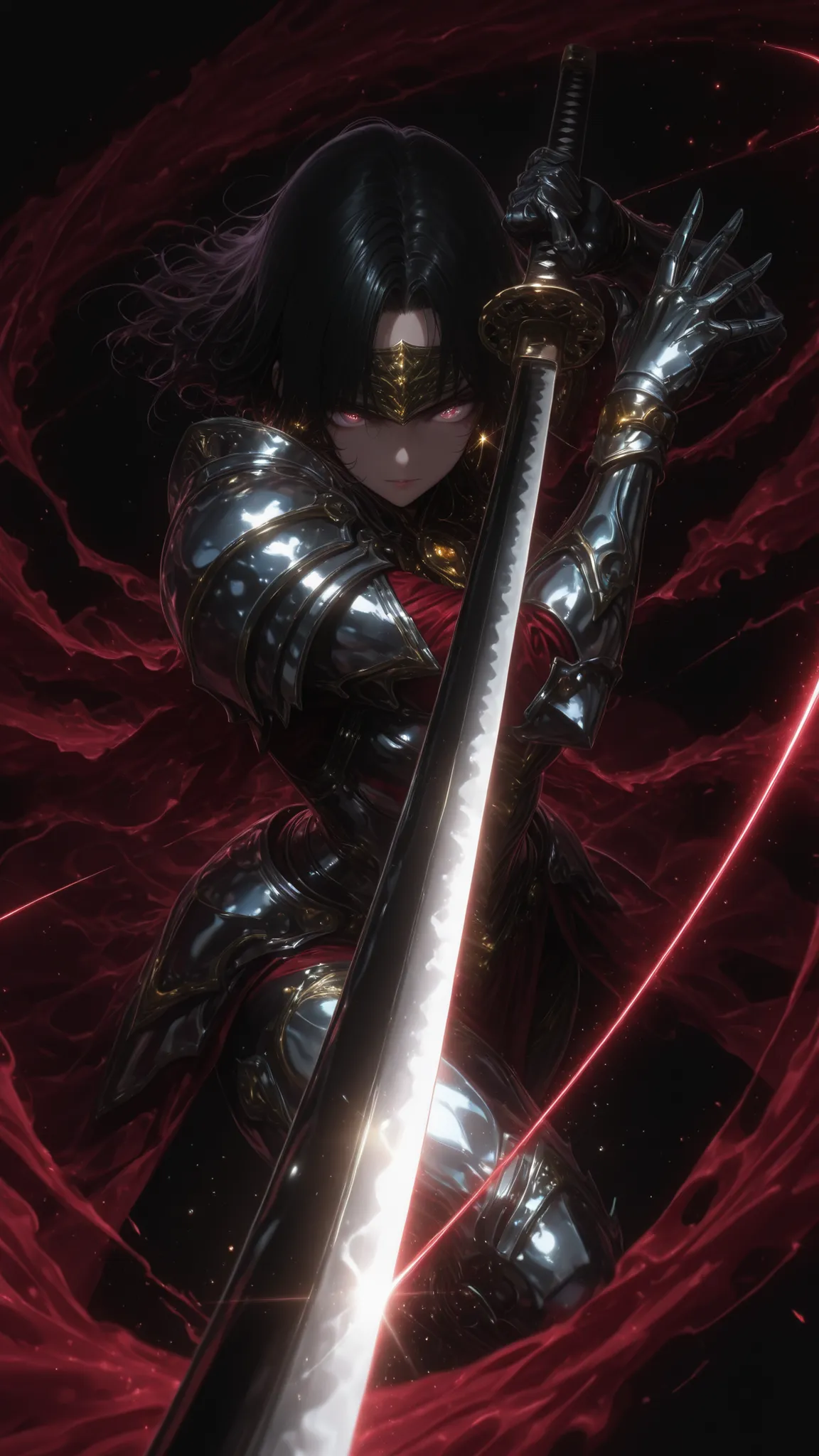 ultra high definition, perfect quality, Fine Details, 1girl,(solo:1.3),
holding a katana, pointing melee weapon,(Slash pose:1.3),(katana focus,focus perspective,attack trail:1.3)
 gold jewelry, Heroic temperament,Battle Atmosphere, reflective metal surface...
