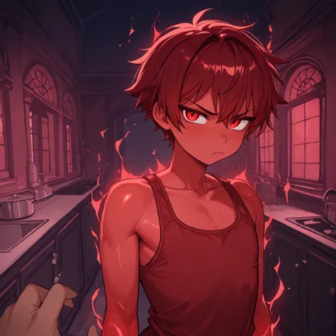 ncpy43 style, 1boy, femboy, curvy, flat chest, red glowing aura, glowing red body, red skin, tomboy, short red hair, red tank top, tsundere, short, fit, beautiful, beautiful red eyes, mansion background, kitchen, night time, upper body, pov hands