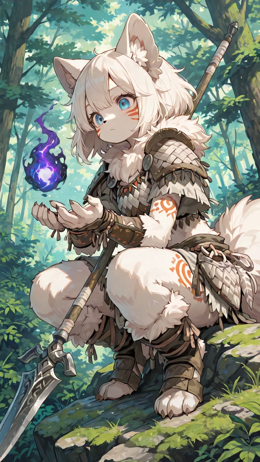 Cute,748cmstyle,(masterpiece:1.2, top quality), (beautiful detailed eyes: 1.2), ((1 Beautiful Girl)),  (beautiful background:1.2), (Highly Detailed CG, Super Detailed),(very detailed and beautiful:1.1), (Perfect Details:1.1)(masterpiece, best quality, ultra detailed), 1girl, cute girl, young warrior, tribal guardian, (fluffy fur warrior outfit:1.4), (furry animal ears:1.2), (claws on hands:1.1), fierce determined expression, holding a primitive spear or bow, victorious pose, ancient forest background, rocky terrain, (wild nature setting:1.2), dynamic action shot, tribal markings, short hair, anime style, high resolution, intricate details, vibrant colors, (wild soul:1.3), (glory:1.2), (tribe:1.1), (battle aftermath:1.1)