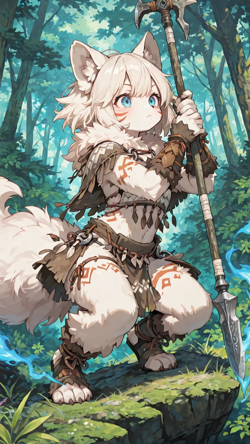 Cute,748cmstyle,(masterpiece:1.2, top quality), (beautiful detailed eyes: 1.2), ((1 Beautiful Girl)),  (beautiful background:1.2), (Highly Detailed CG, Super Detailed),(very detailed and beautiful:1.1), (Perfect Details:1.1)(masterpiece, best quality, ultra detailed), 1girl, cute girl, young warrior, tribal guardian, (fluffy fur warrior outfit:1.4), (furry animal ears:1.2), (claws on hands:1.1), fierce determined expression, holding a primitive spear or bow, victorious pose, ancient forest background, rocky terrain, (wild nature setting:1.2), dynamic action shot, tribal markings, short hair, anime style, high resolution, intricate details, vibrant colors, (wild soul:1.3), (glory:1.2), (tribe:1.1), (battle aftermath:1.1)
