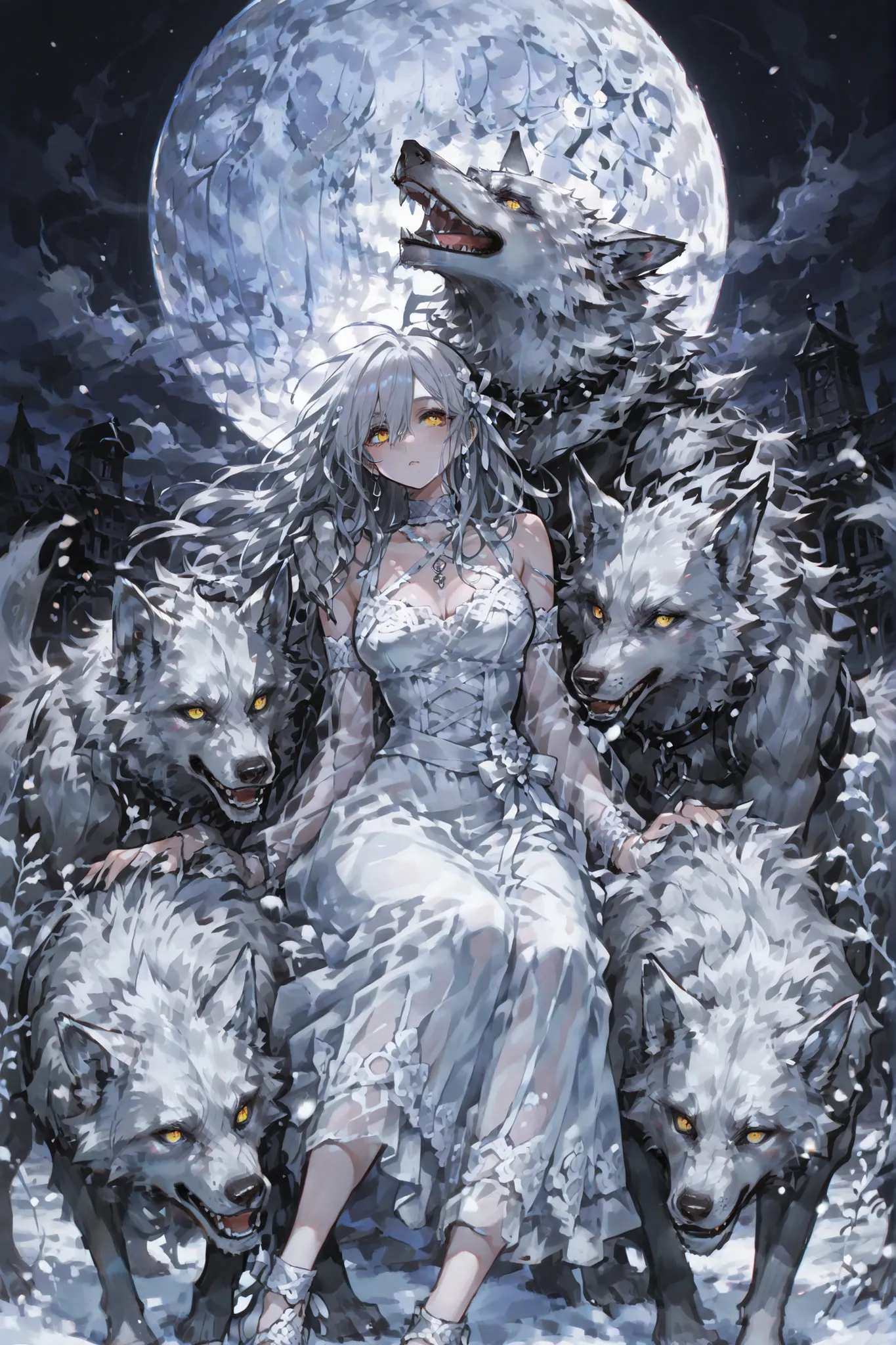 Full Moon Night、The silver-haired werewolf、very beautiful、howling at the moon、there are lots of wolves around、