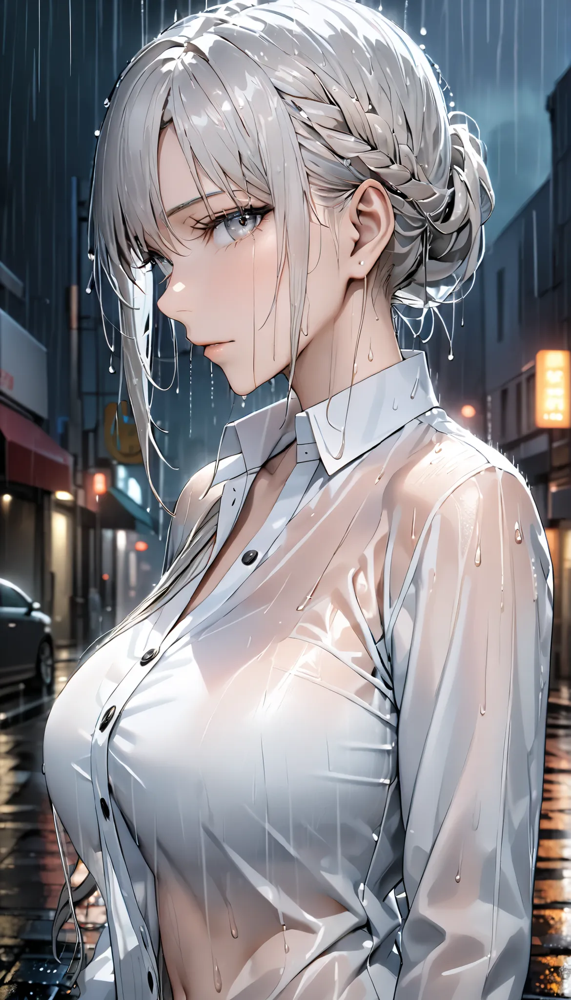 ((top quality, 8k, masterpiece: 1.3)), sharp: 1.2, perfect body beauty: 1.4, slim abs: 1.2, ((layered hairstyle, big boobs: 1.2)), (Wet White Button Long Shirt: 1.1), (rain, street: 1.2), Wet: 1.5, very detailed face and skin texture, detailed eyes, double...