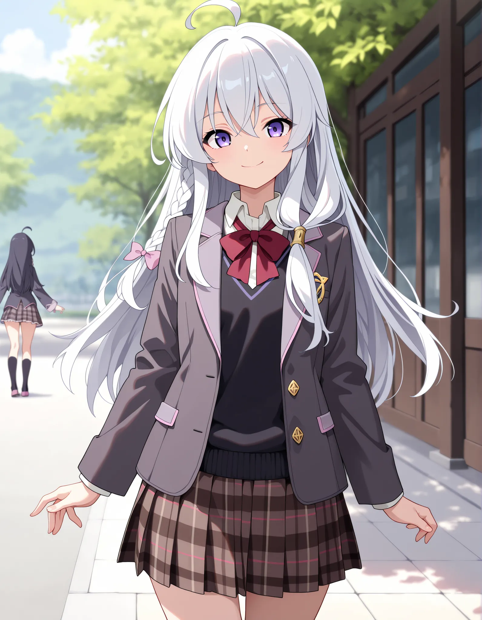 (masterpiece, best quality:1.0), highly detailed, detail, 1girl , student,elaina, white hair, long hair, braided hair, ahoge, purple eyes, red bowtie, collared shirt, black sweater vest, blazer, gray blazer, opened jacket, long sleeves, plaid skirt, brow...