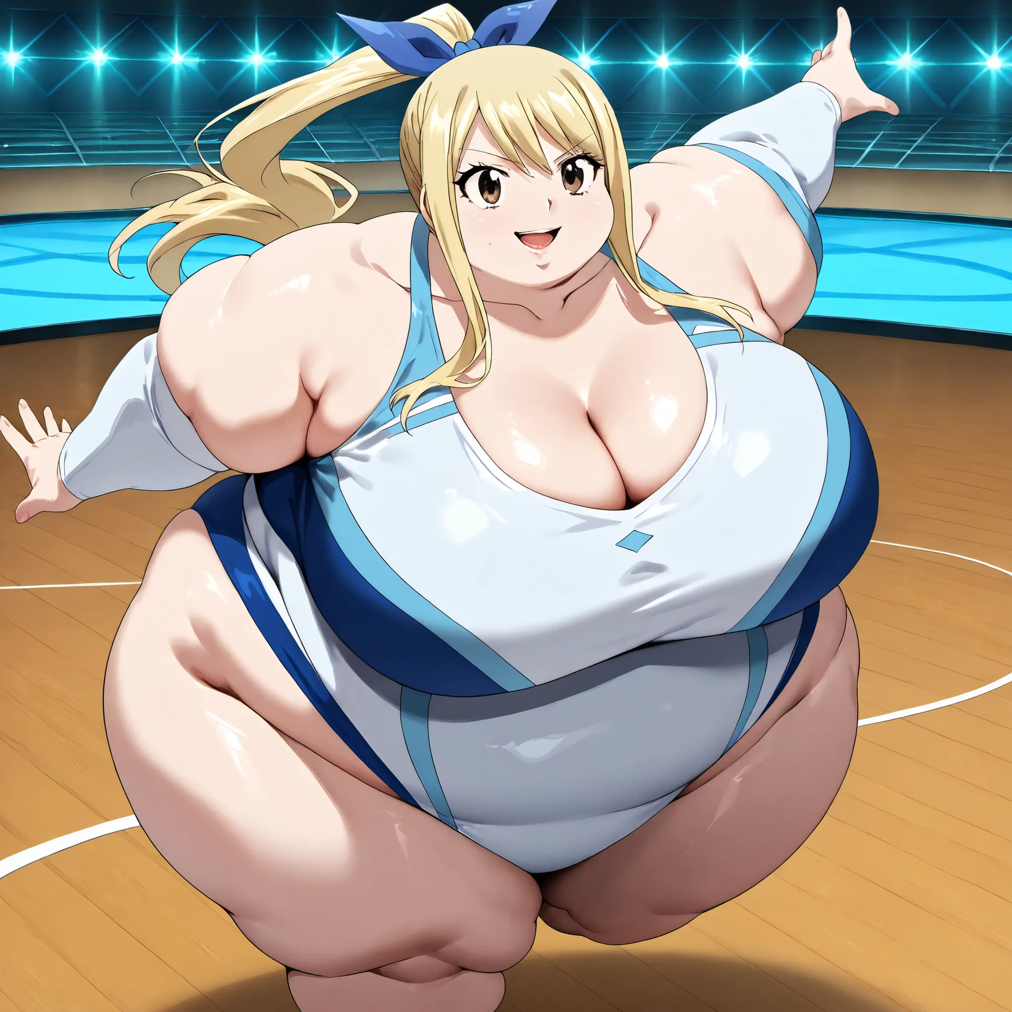 **Left Side:**  
masterpiece, best quality, 8k, ultra-detailed, graceful and dynamic atmosphere,  
1girl, lucy heartfilia, long hair, blonde hair, large breasts, brown eyes, ribbon, cleavage, bare shoulders, collarbone, hair ribbon, sleeveless, one side up...