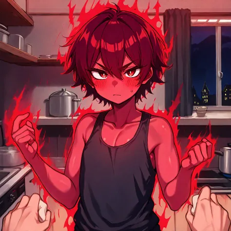 ncpy43 style, 1boy, femboy, curvy, flat chest, red glowing aura, glowing red body, red skin, tomboy, short red hair, red tank top, tsundere, short, fit, beautiful, beautiful red eyes, mansion background, kitchen, night time, upper body, pov hands