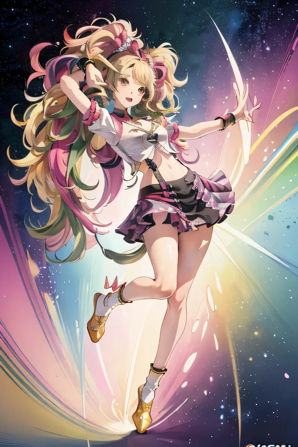 (T masterpiece、top quality、top quality、official art、 aesthetically pleasing :1.2)、(1 girl:1.3)、 pattern、(colorful hair、Half Blonde，Half of the hair is green:1.2)、 very colorful, (full body esbian:1.5), (twin tails clustering in one:1.5),Idol costume,dynami...