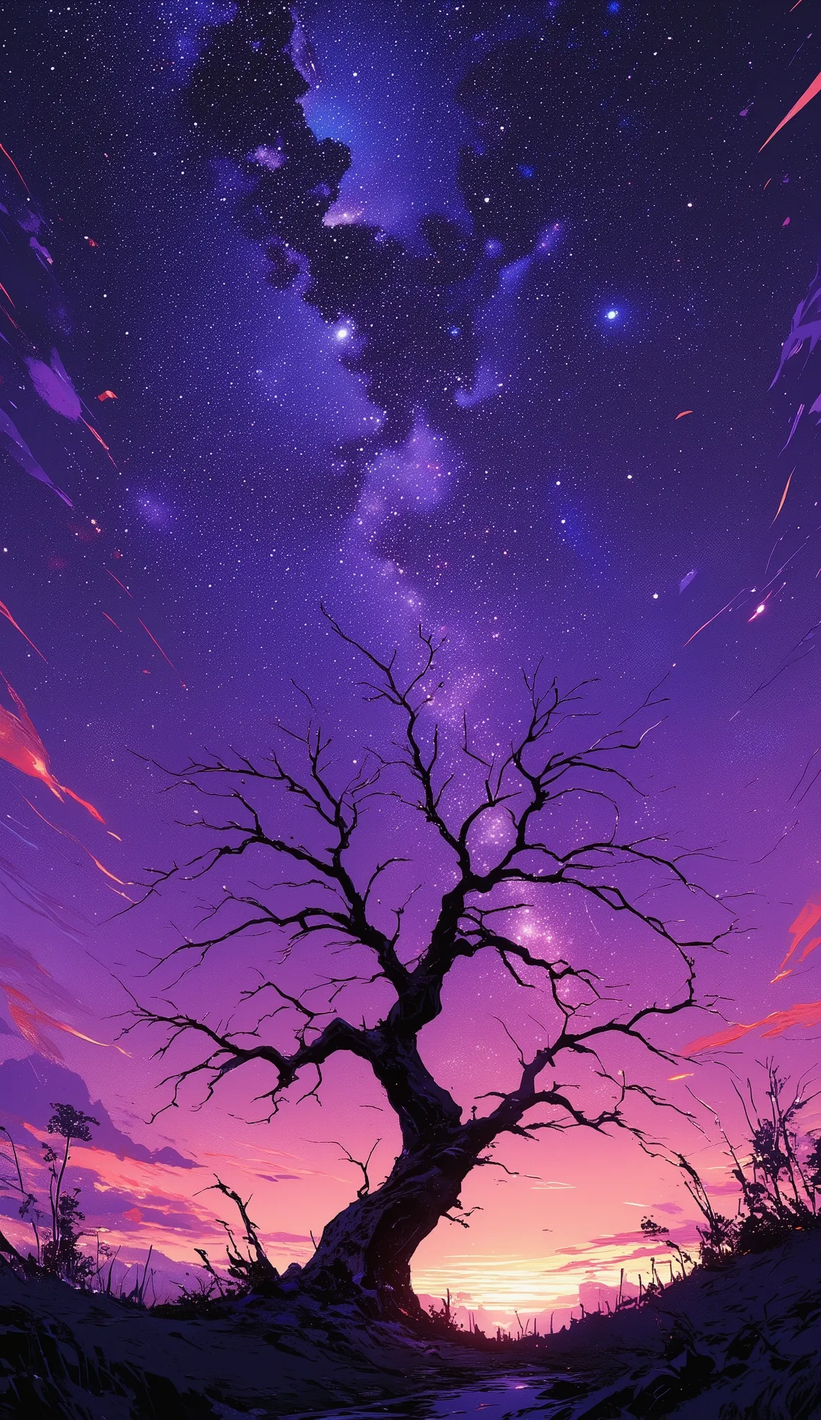 The image depicts a nighttime scene with a starry sky, showcasing a dense collection of stars that stretch across the entire canvas. The sky is a deep, rich purple, gradually transitioning to a lighter shade towards the top. A prominent Milky Way is visibl...