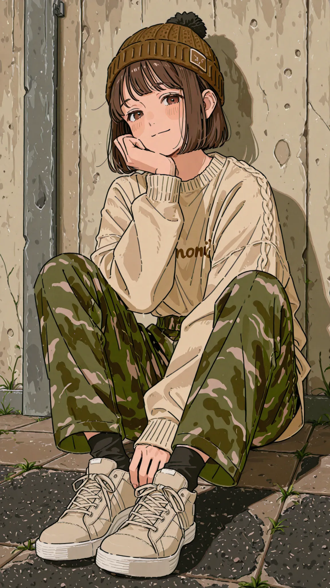 (((realism、real face)))、solo、One person、20Talented Man with Neutral Face、knitted hat、short bob、3/4 length camo pants、The khaki oneTshirt、(((The khaki oneサマーknitted hat)))、black socks、 cute sneakers 、