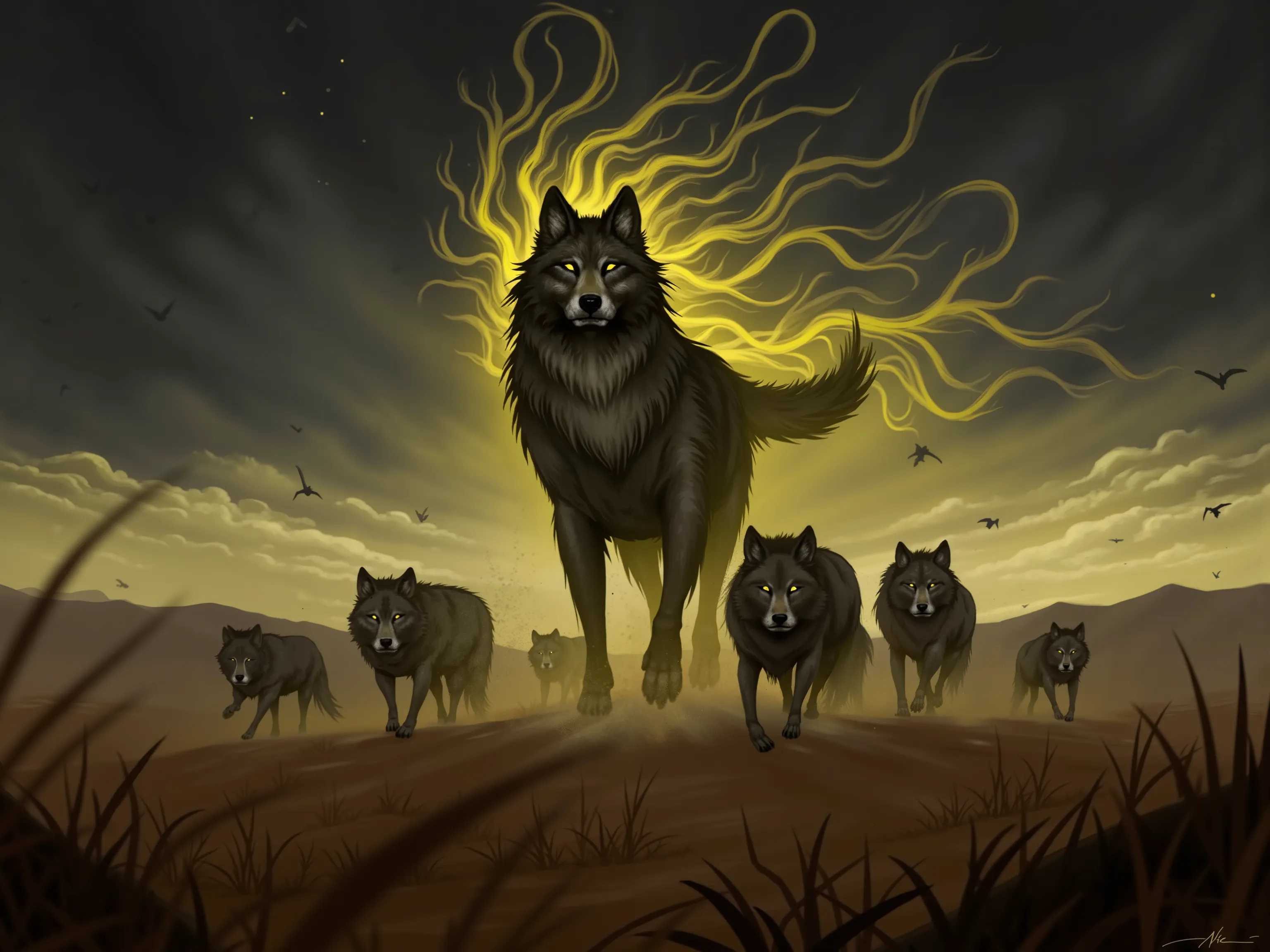 4pp4l4chi4 Folk Horror, NieR, a wolf made up of swirling yellow and black shadows, leading a pack of realistic wolves, in a desert, realistic background, dark clouds