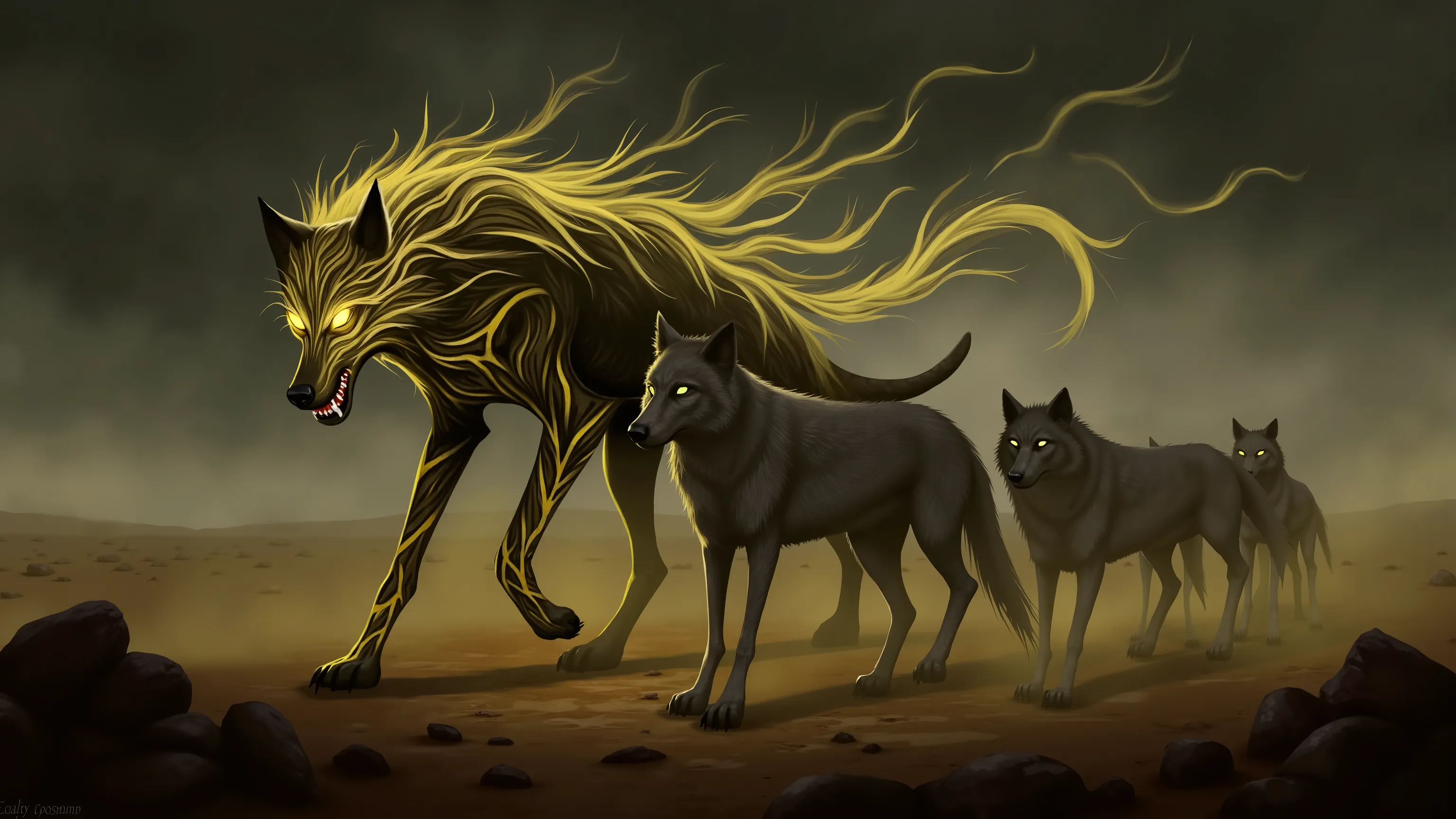 4pp4l4chi4 Folk Horror, NieR, a wolf made up of swirling yellow and black shadows, leading a pack of realistic wolves, in a desert, realistic background, dark clouds