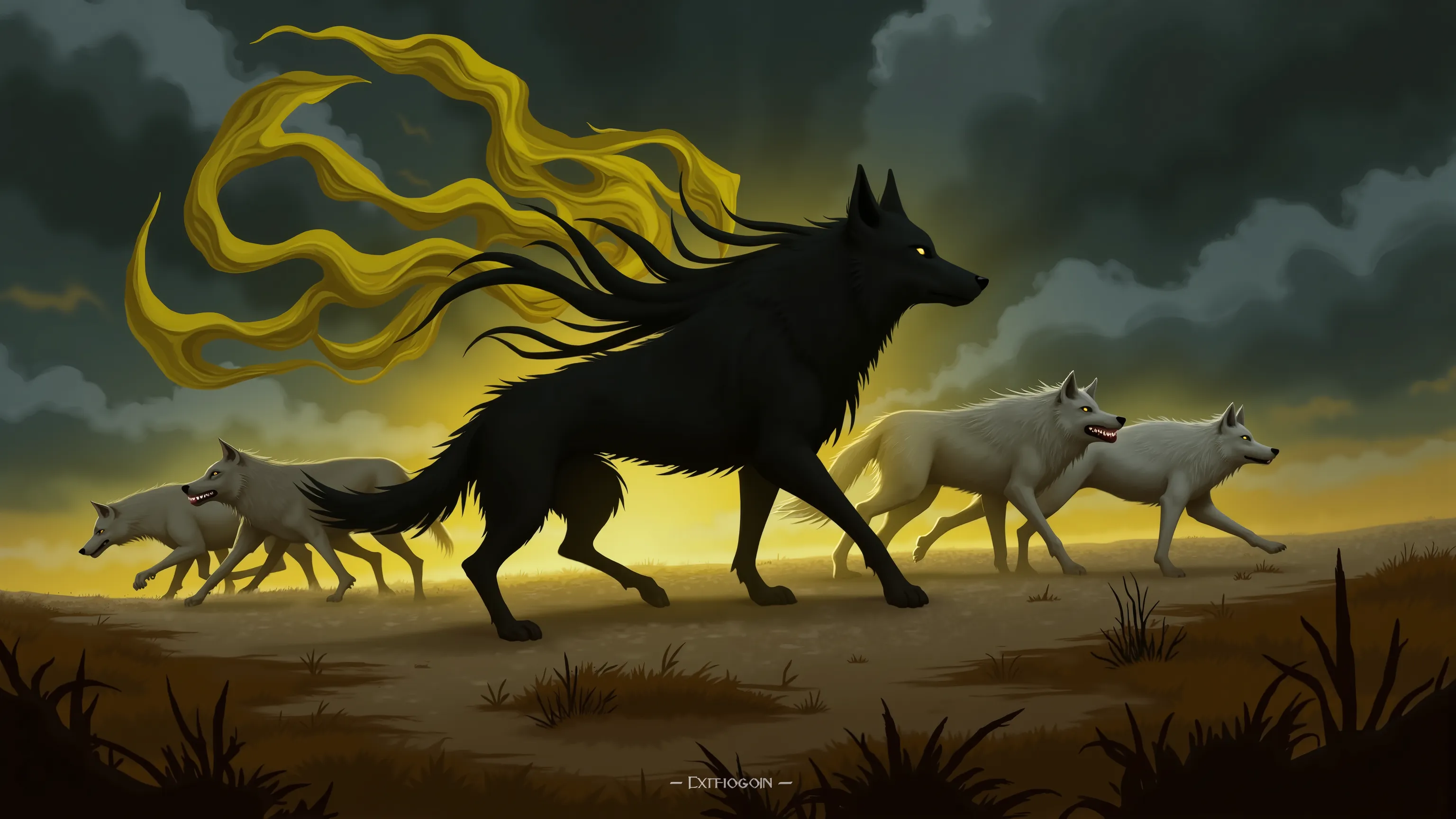 4pp4l4chi4 Folk Horror, NieR, a wolf made up of swirling yellow and black shadows, leading a pack of realistic wolves, in a desert, realistic background, dark clouds