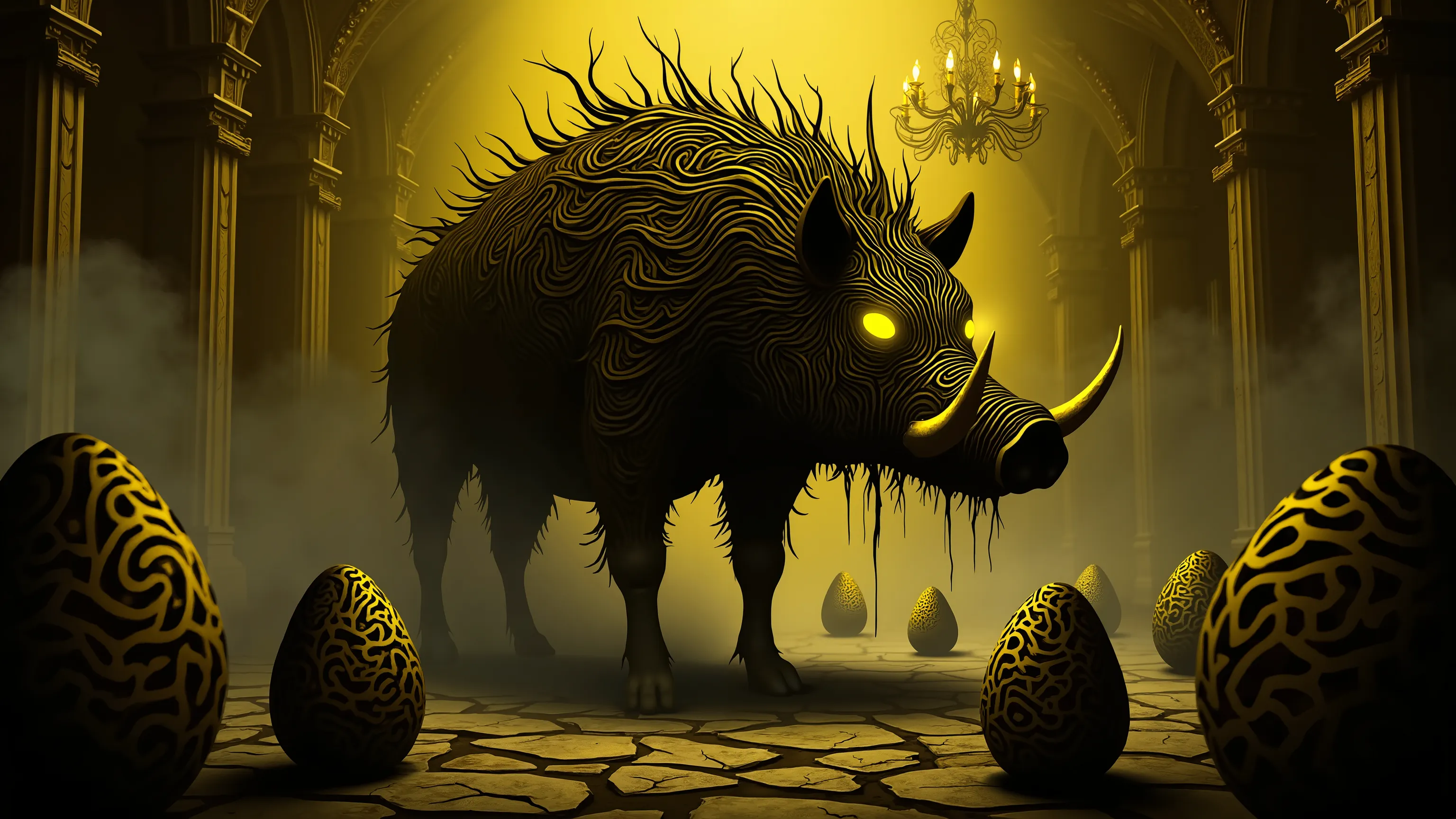 4pp4l4chi4 Folk Horror, NieR, a large boar made up of swirling yellow and black shadows, covered in armor plates, in a brightly lit baroque ballroom, eggs made of swirling yellow and black shadows