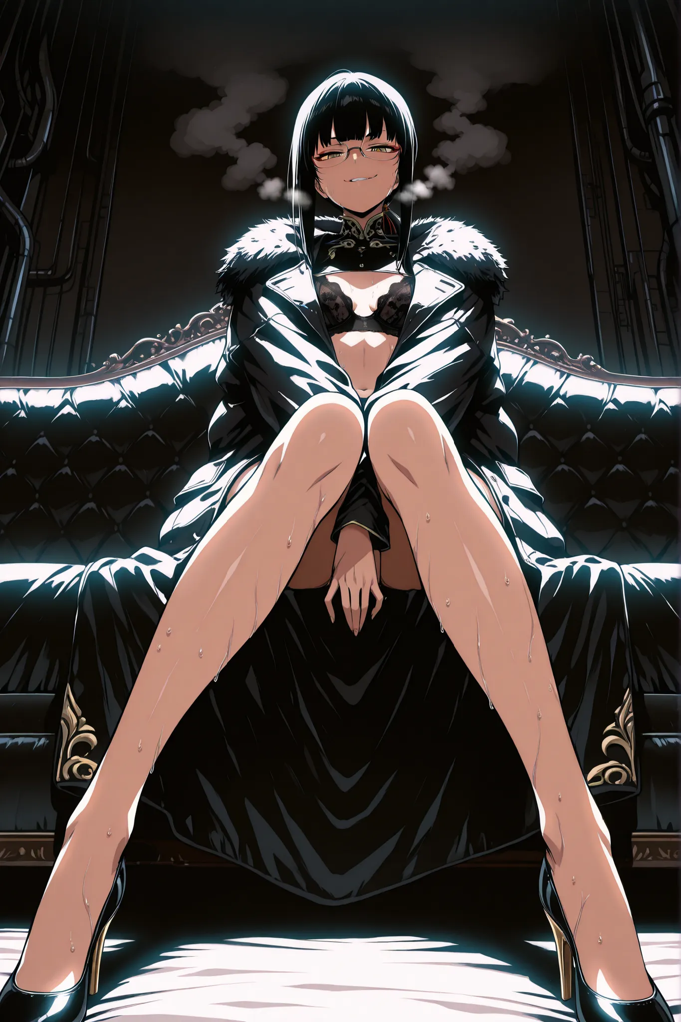 masterpiece, best quality, amazing quality, very aesthetic, foreshortening, 1 girl, black fur coat, luxurious coat, have black hair, long bangs, low ponytail, extremely long ponytail, black and gold pumps, hands in between legs, fingers crossed, legs sprea...