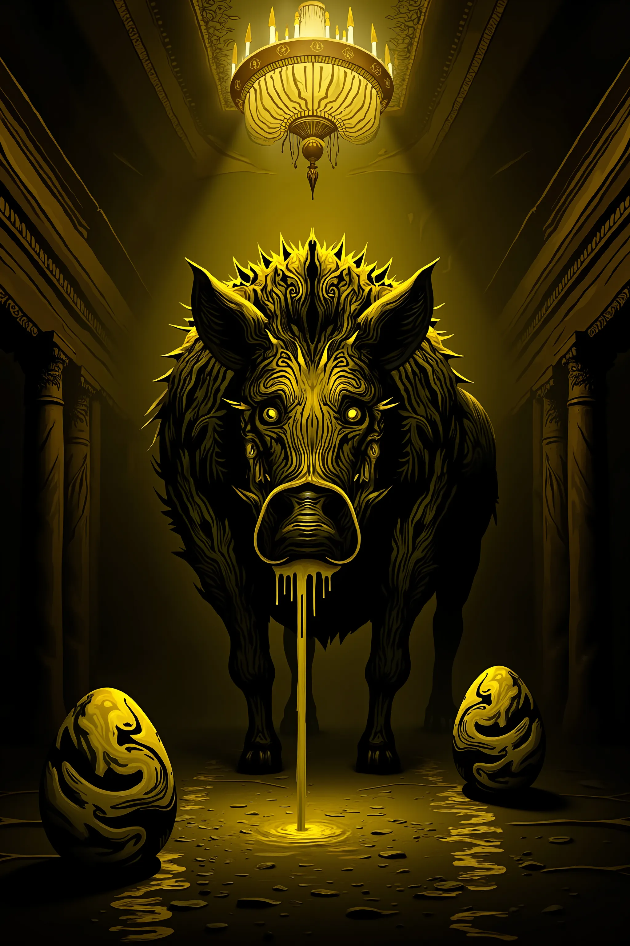 4pp4l4chi4 Folk Horror, NieR, a large boar made up of swirling yellow and black shadows, covered in armor plates, in a brightly lit baroque ballroom, eggs made of swirling yellow and black shadows