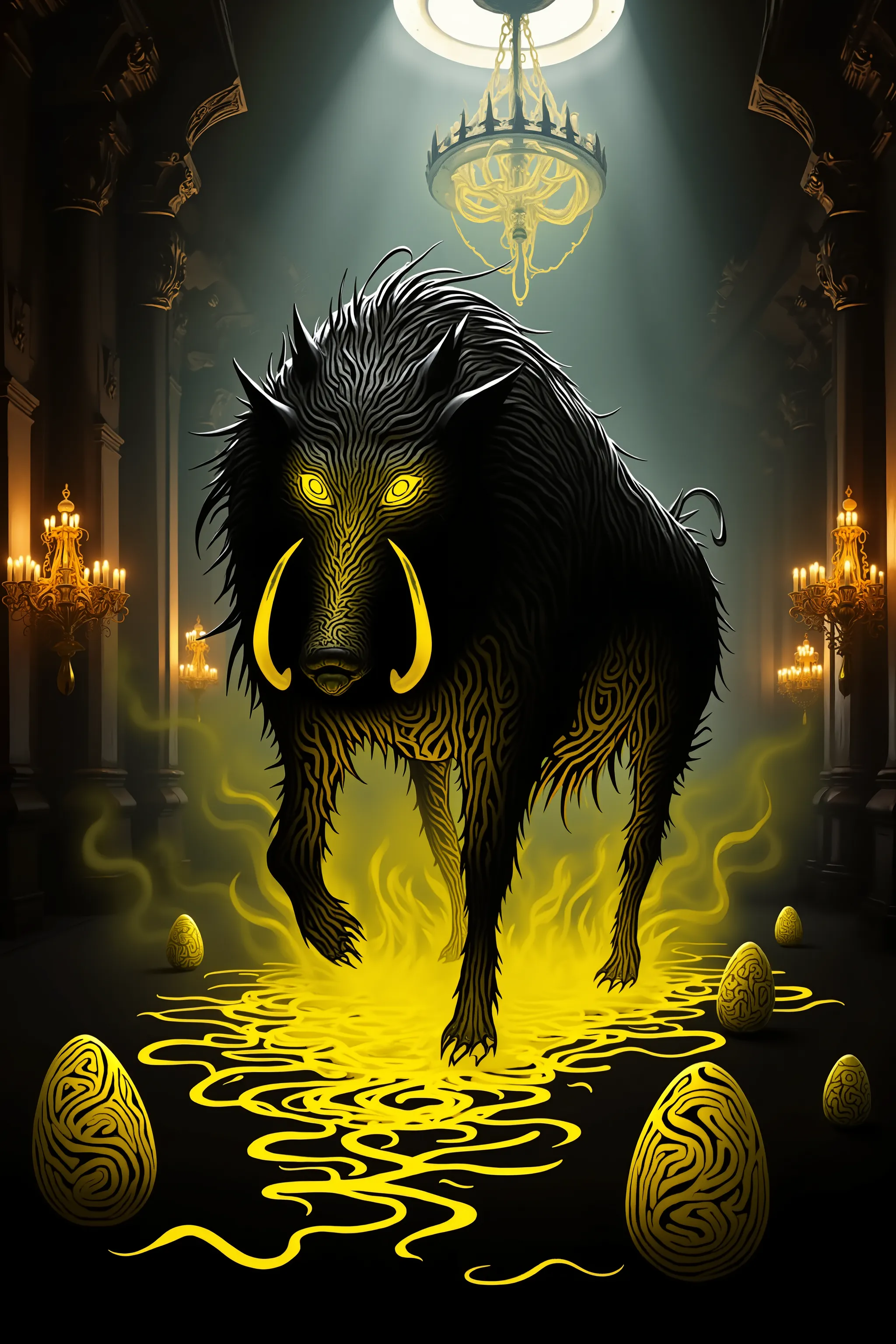 4pp4l4chi4 Folk Horror, NieR, a large boar made up of swirling yellow and black shadows, covered in armor plates, in a brightly lit baroque ballroom, eggs made of swirling yellow and black shadows