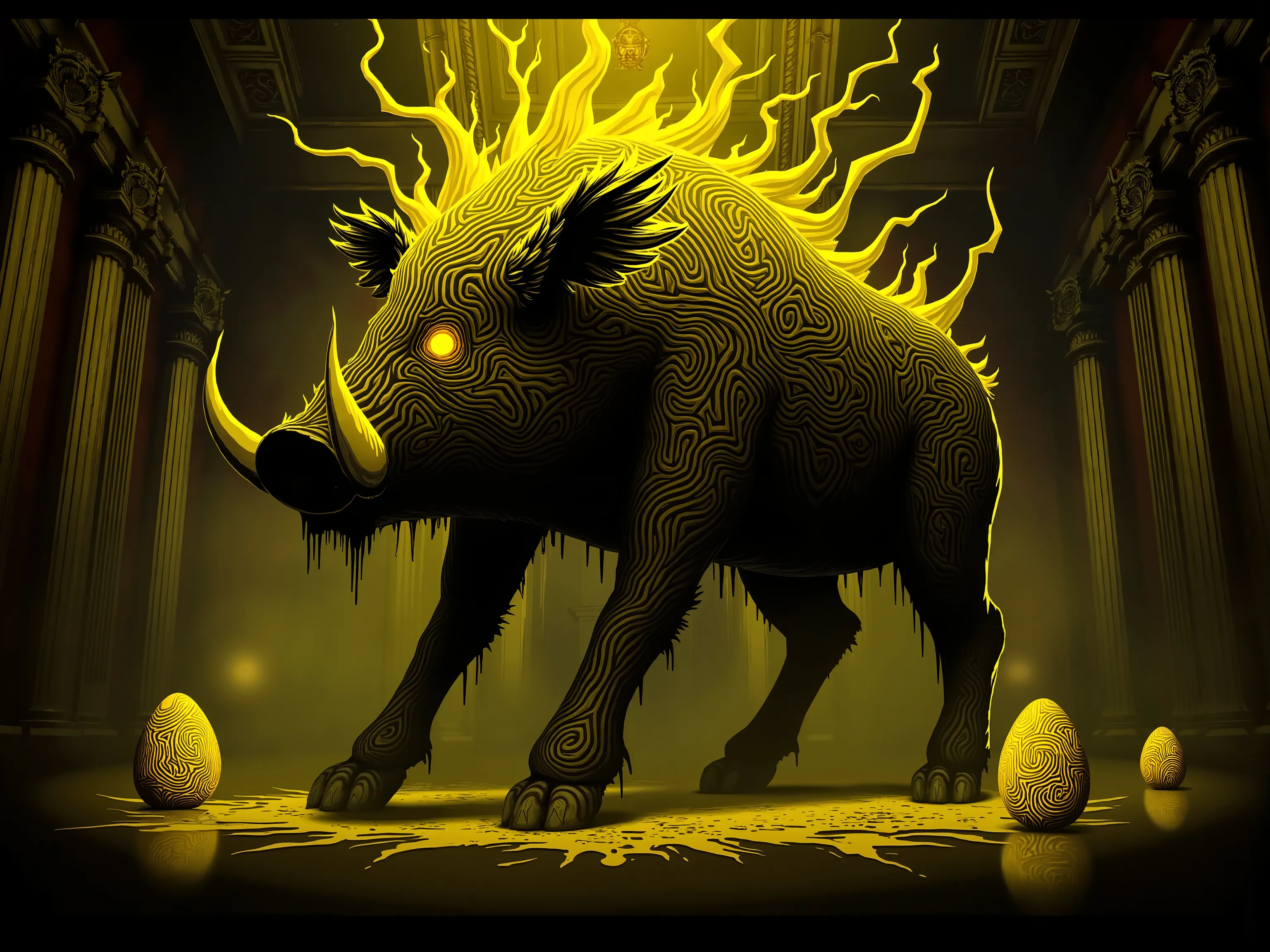 4pp4l4chi4 Folk Horror, NieR, a large boar made up of swirling yellow and black shadows, covered in armor plates, in a brightly lit baroque ballroom, eggs made of swirling yellow and black shadows