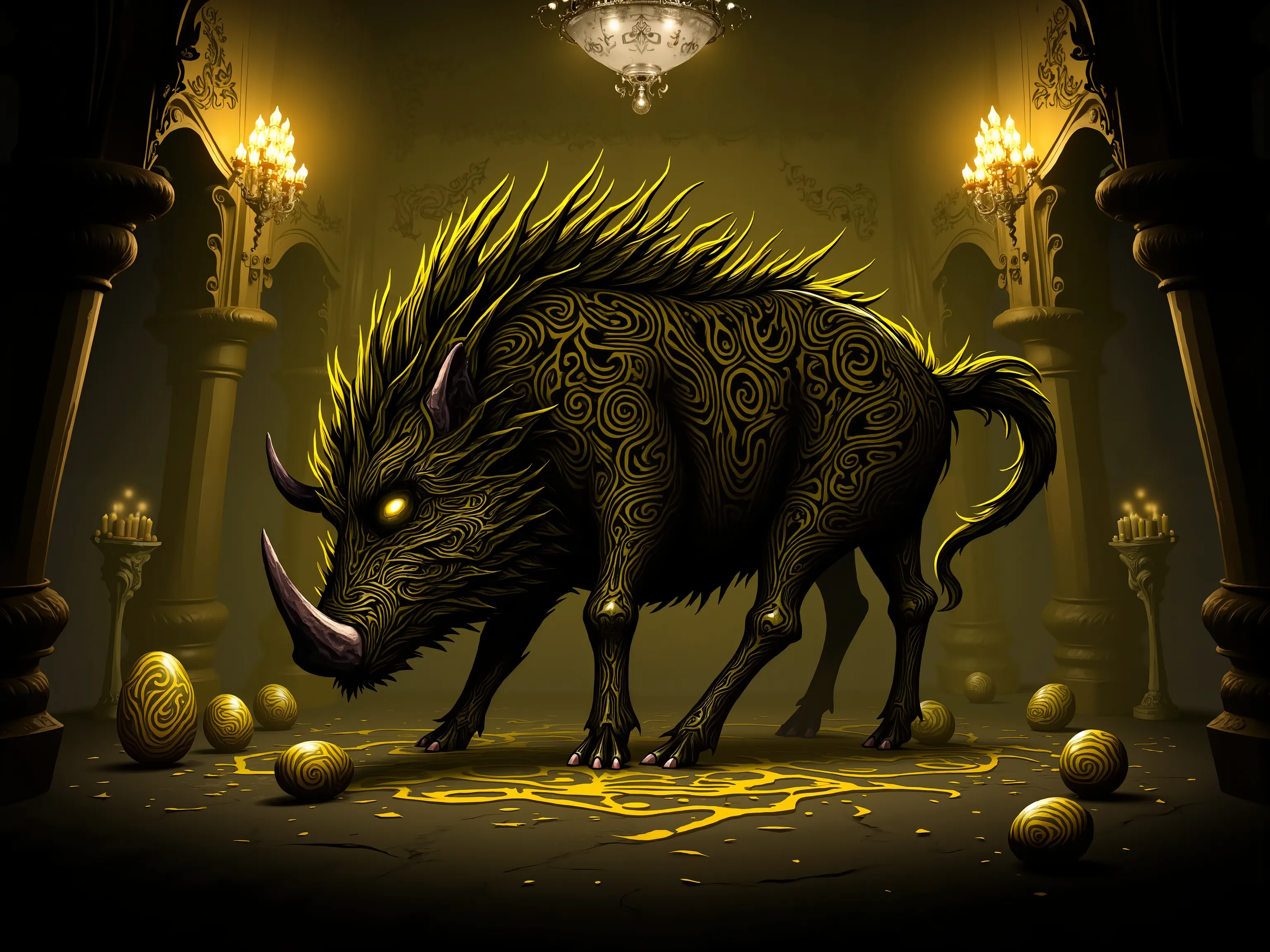 4pp4l4chi4 Folk Horror, NieR, a large boar made up of swirling yellow and black shadows, covered in armor plates, in a brightly lit baroque ballroom, eggs made of swirling yellow and black shadows