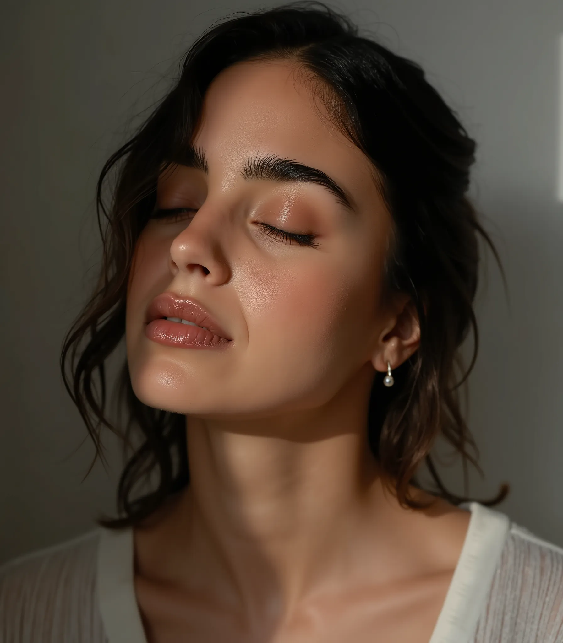 mel_barrera, A studio photography of a beautiful woman with her eyes closed, shot on sony a7riv camera, indoor, soft diffused studio lighting, minimalistic, photorealism, 4k resolution, ultra high quality, realistic proportions, low contrast, face focused