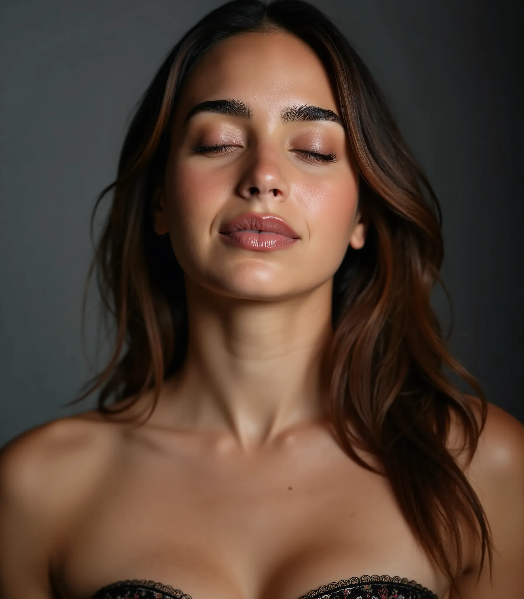mel_barrera, A studio photography of a beautiful woman with her eyes closed, shot on sony a7riv camera, indoor, soft diffused studio lighting, minimalistic, photorealism, 4k resolution, ultra high quality, realistic proportions, low contrast, face focused,...