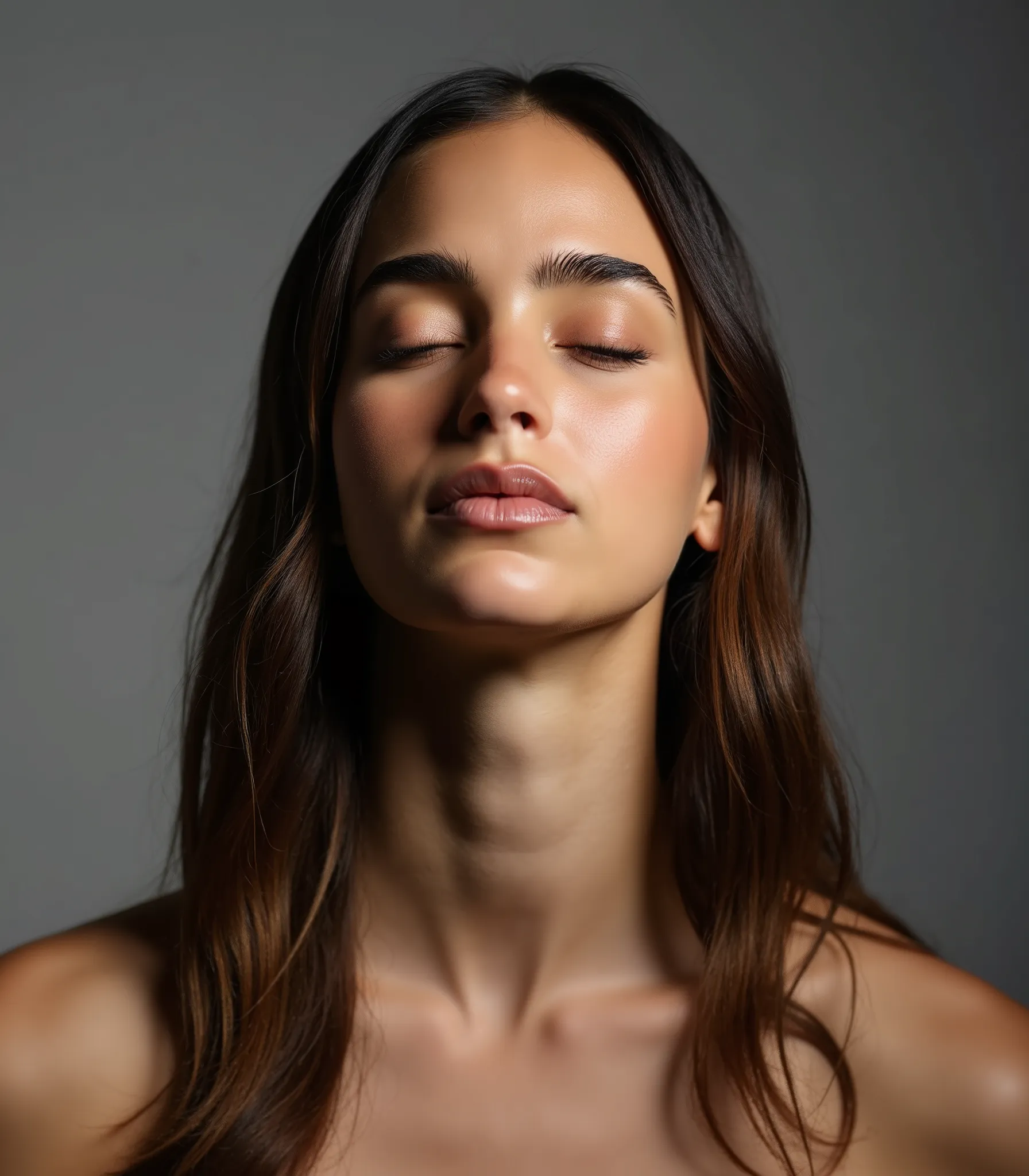 mel_barrera, A studio photography of a beautiful woman with her eyes closed, shot on sony a7riv camera, indoor, soft diffused studio lighting, minimalistic, photorealism, 4k resolution, ultra high quality, realistic proportions, low contrast, face focused,...