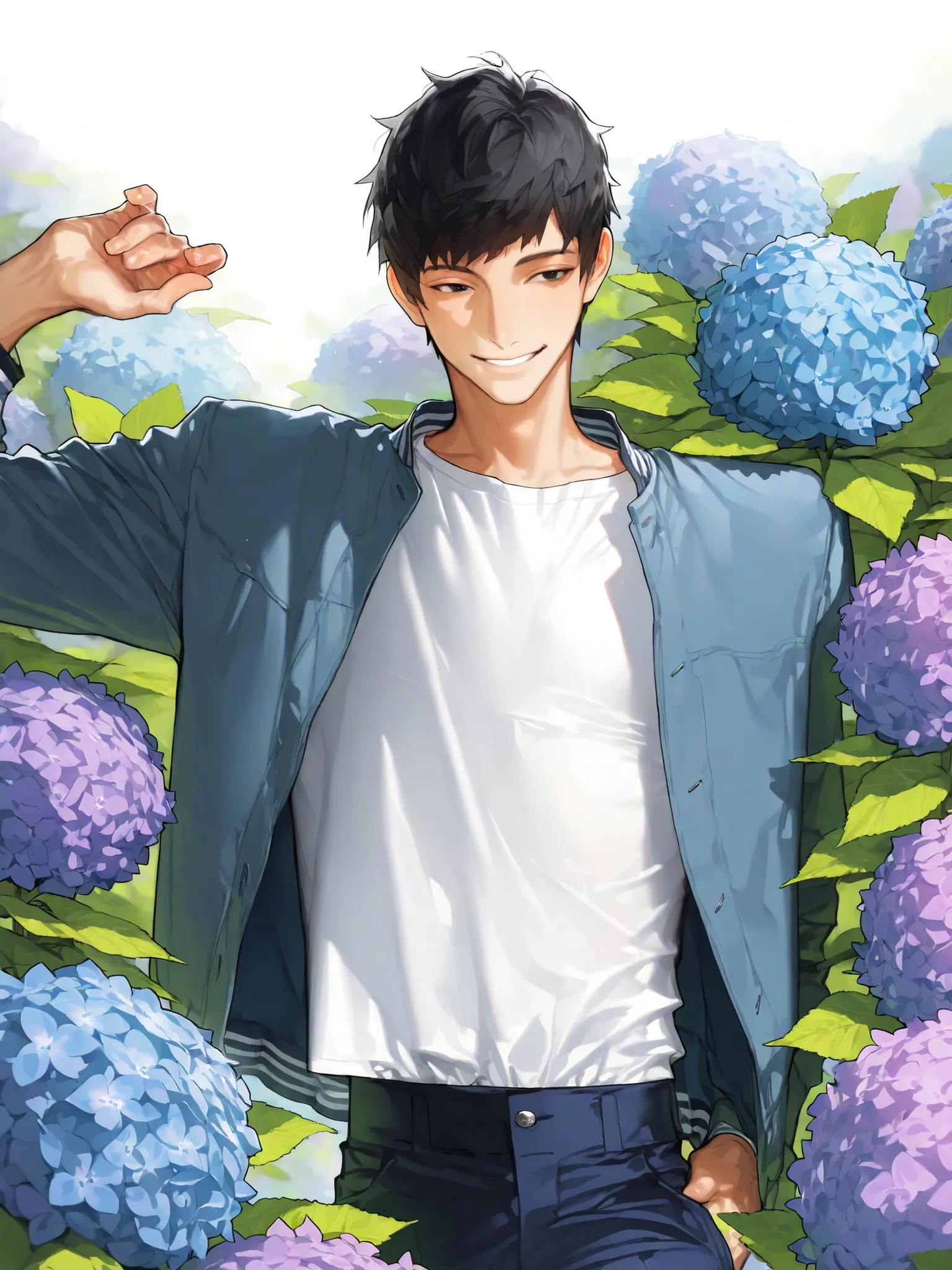 1man,pose ,in hydrangea,colorfull hydrangea,（1man,very cute）,short hair,black eyes,gentle,smile,shirt,jacket,beautiful face,detailed clothes,masterpiece,high quality,(perfect detailed illustration ),masterpiece,8k,high quality,
