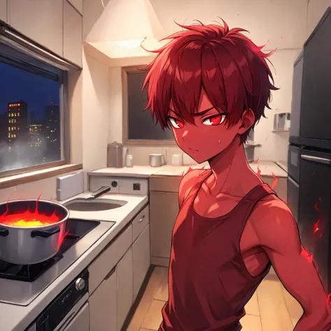 ncpy43 style, 1male, femboy, curvy, flat chest, red glowing aura, glowing red body, red skin, ghostly, ghost male, tomboy, short red hair, red tank top, tsundere, short, fit, beautiful, beautiful red eyes, detailed anatomy, indoor apartment, kitchen, night...